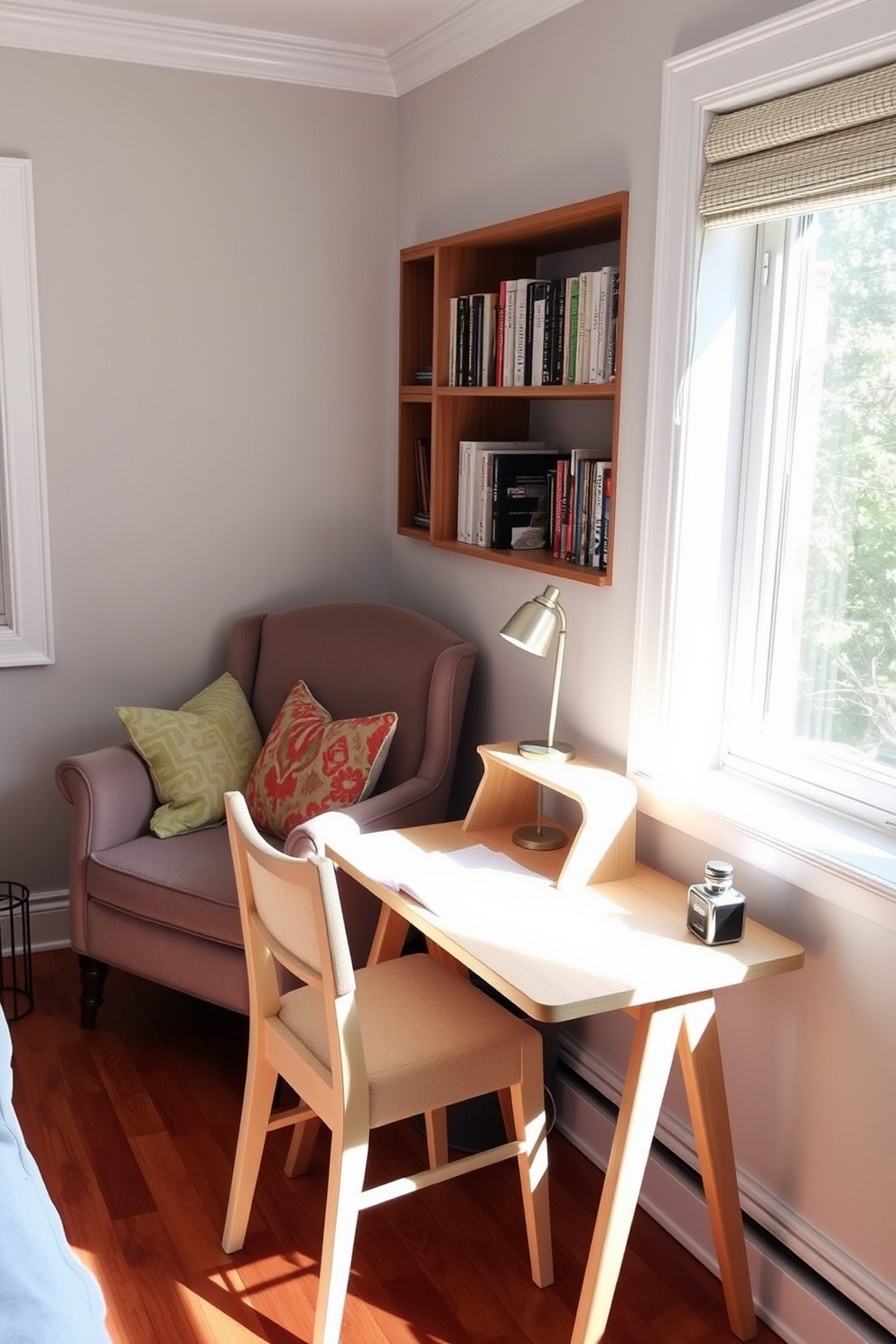 A charming small desk for writing notes is positioned near a window, allowing natural light to illuminate the workspace. The desk features a sleek design with a light wood finish and is accompanied by a comfortable chair upholstered in soft fabric. Adjacent to the desk, a cozy reading nook is created with a plush armchair and a small side table. The nook is decorated with colorful cushions and a small bookshelf filled with an assortment of books, inviting relaxation and inspiration.