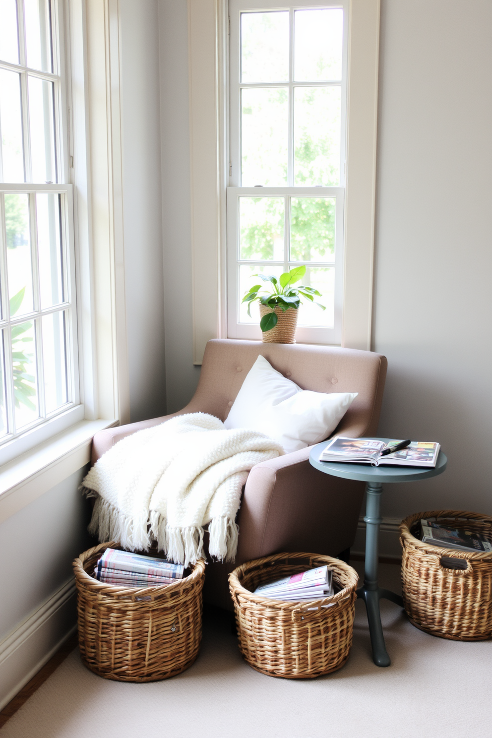 A cozy reading nook filled with natural light. Soft cushions and a plush throw blanket are arranged on a comfortable armchair beside a small side table. Mood-enhancing scented candles are artfully placed on floating shelves. The warm glow of the candles creates an inviting atmosphere perfect for relaxation.