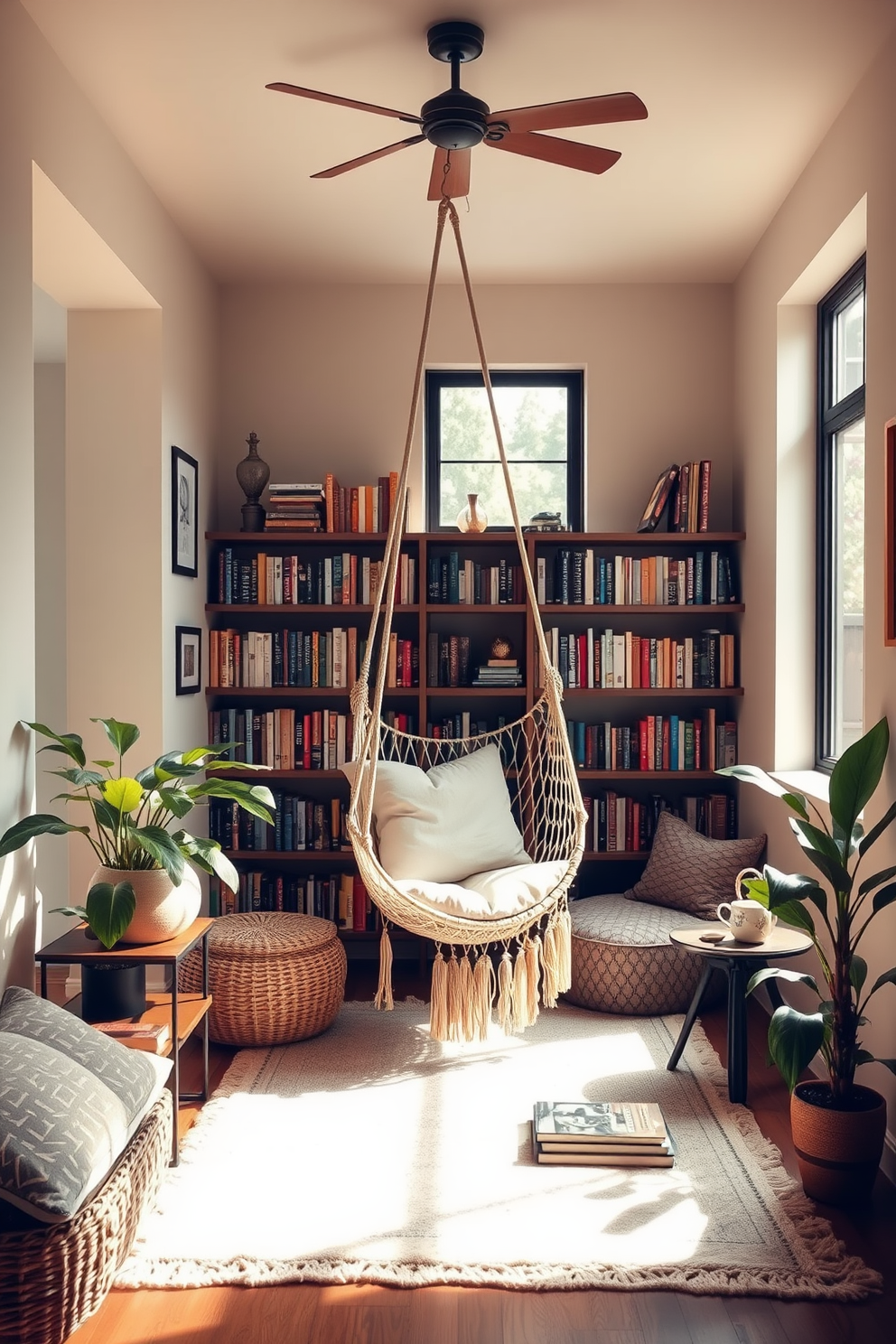 A cozy reading nook featuring a stylish hammock chair suspended from the ceiling. Surround the chair with shelves filled with books and soft cushions for added comfort. Natural light pours in from a large window, illuminating the space with a warm glow. Add a small side table for a cup of tea and a decorative plant to enhance the tranquil atmosphere.