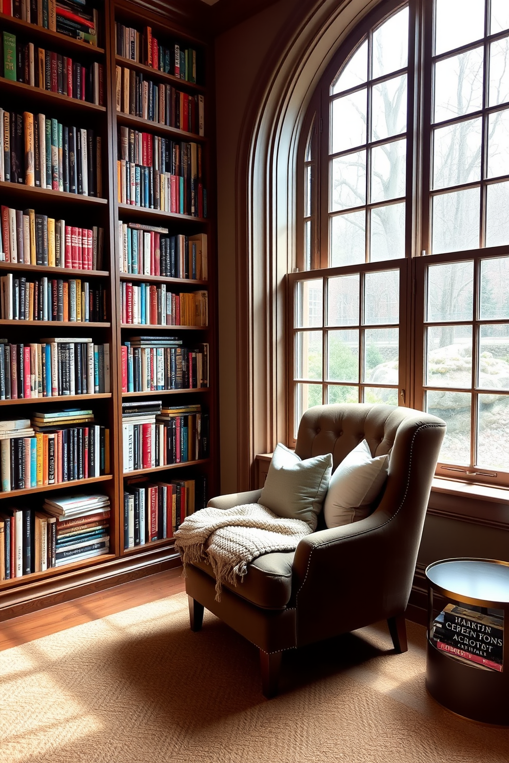 Artisan coasters made from reclaimed wood are scattered across a rustic coffee table. A cozy armchair upholstered in soft fabric is positioned near a window, inviting you to enjoy a good book. The reading nook is adorned with vibrant cushions and a plush throw blanket for added comfort. A small bookshelf filled with colorful novels complements the space, creating a warm and inviting atmosphere.