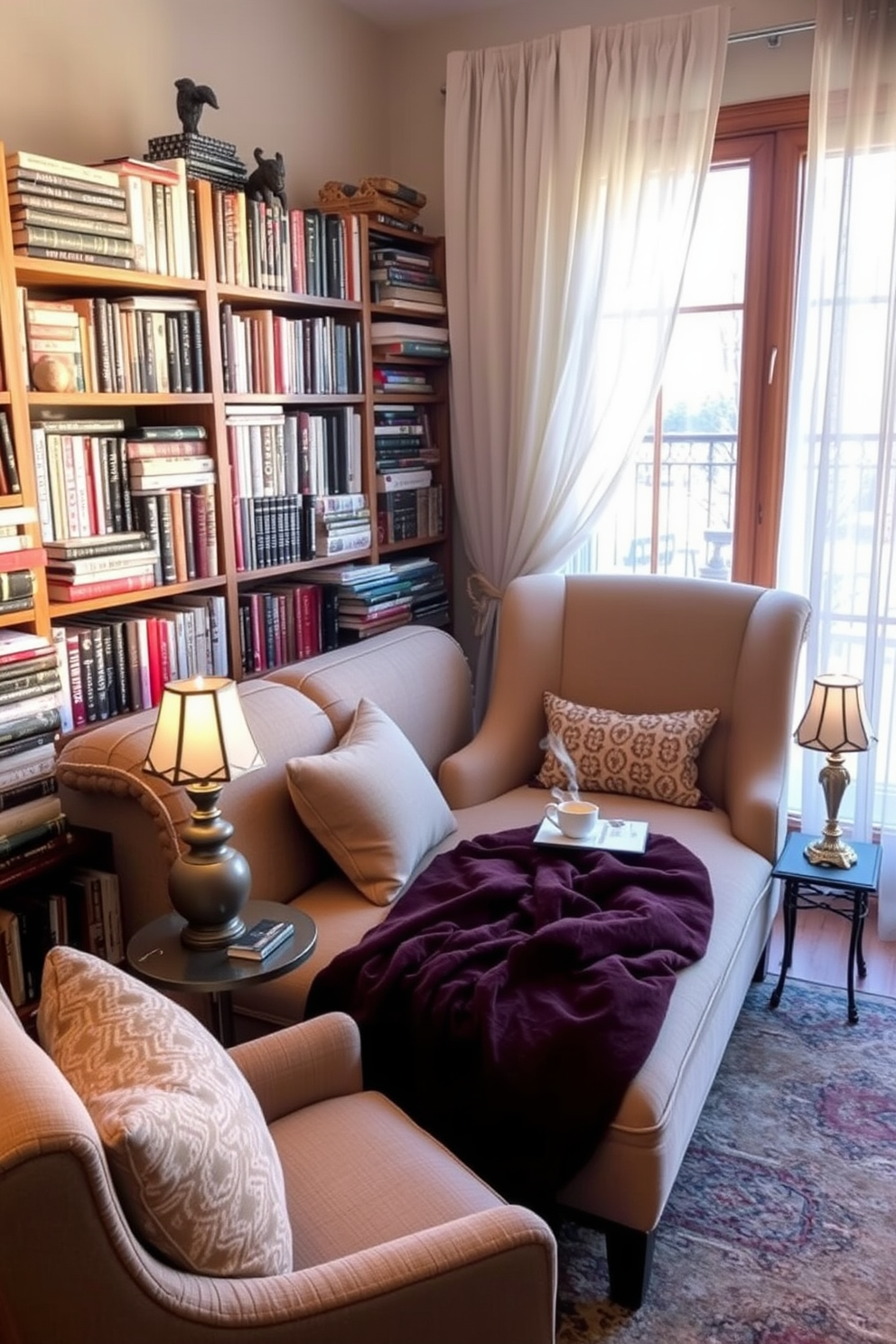 A cozy reading nook featuring a plush chaise lounge upholstered in soft fabric. The chaise is positioned near a large window with sheer curtains, allowing natural light to flood the space. Surrounding the chaise are stacked bookshelves filled with an array of novels and decorative items. A small side table holds a steaming cup of tea and a decorative lamp, creating an inviting atmosphere for relaxation.