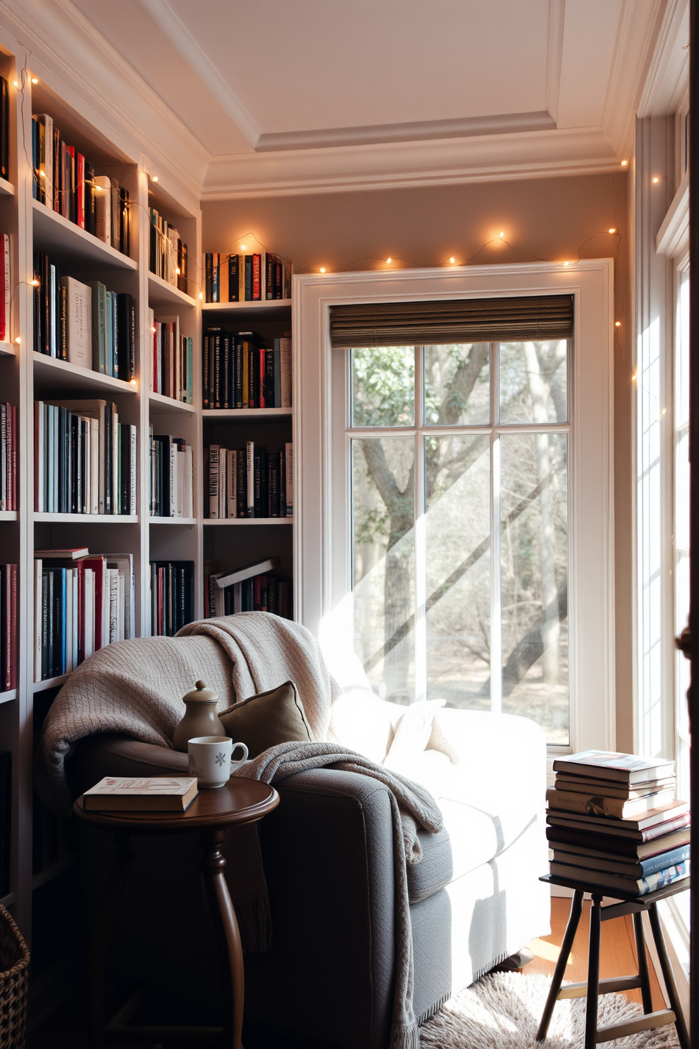 A whimsical rug in vibrant colors adorns the floor, creating a playful atmosphere in the cozy reading nook. Plush cushions in various patterns are arranged around a comfortable armchair, inviting relaxation and creativity. A small bookshelf filled with colorful novels stands against the wall, paired with a delicate side table for holding warm beverages. Soft, natural light filters through sheer curtains, enhancing the cheerful ambiance of this inviting space.