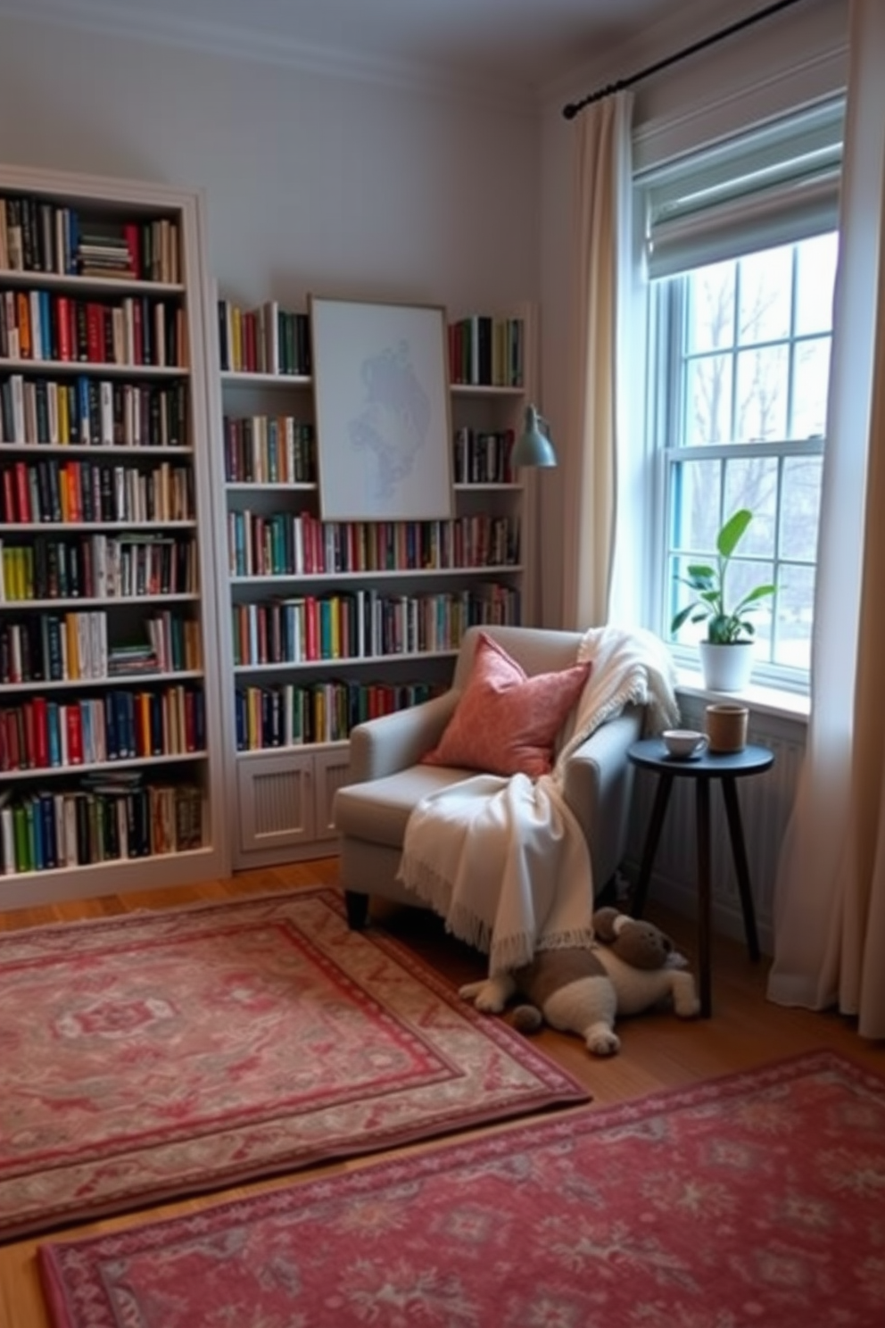 A cozy reading nook is created with layered rugs in soft, neutral tones that add warmth and texture to the space. A comfortable armchair is positioned near a window, surrounded by bookshelves filled with colorful books and a small side table for a cup of tea. Decorate the nook with vibrant throw pillows and a light blanket draped over the chair for a welcoming touch. A small potted plant sits on the windowsill, bringing a touch of nature indoors and enhancing the serene atmosphere.