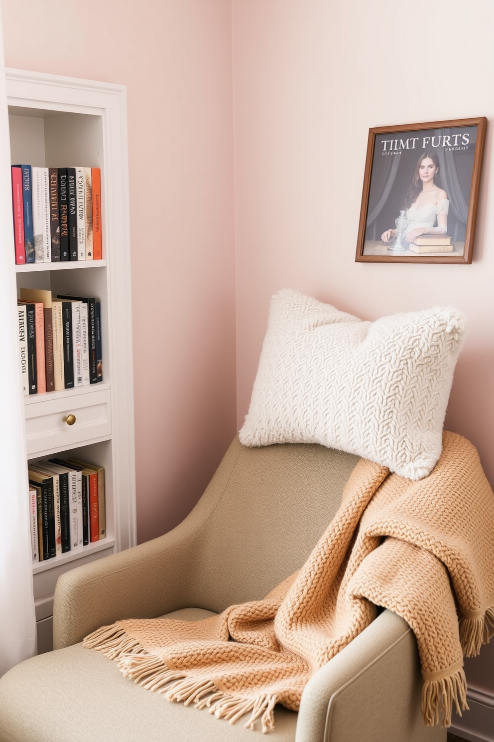 A cozy reading nook with a plush reading pillow for back support. The space is adorned with soft pastel colors, a small bookshelf filled with novels, and a warm throw blanket draped over a comfortable chair.