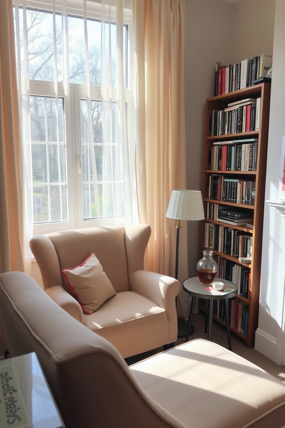 A cozy reading nook featuring a plush armchair in a soft pastel hue. Nearby, a tall bookshelf brimming with favorite novels stands against the wall, inviting relaxation and exploration. Natural light streams in through a large window adorned with sheer curtains. A small side table holds a steaming cup of tea and a decorative lamp, enhancing the tranquil atmosphere.