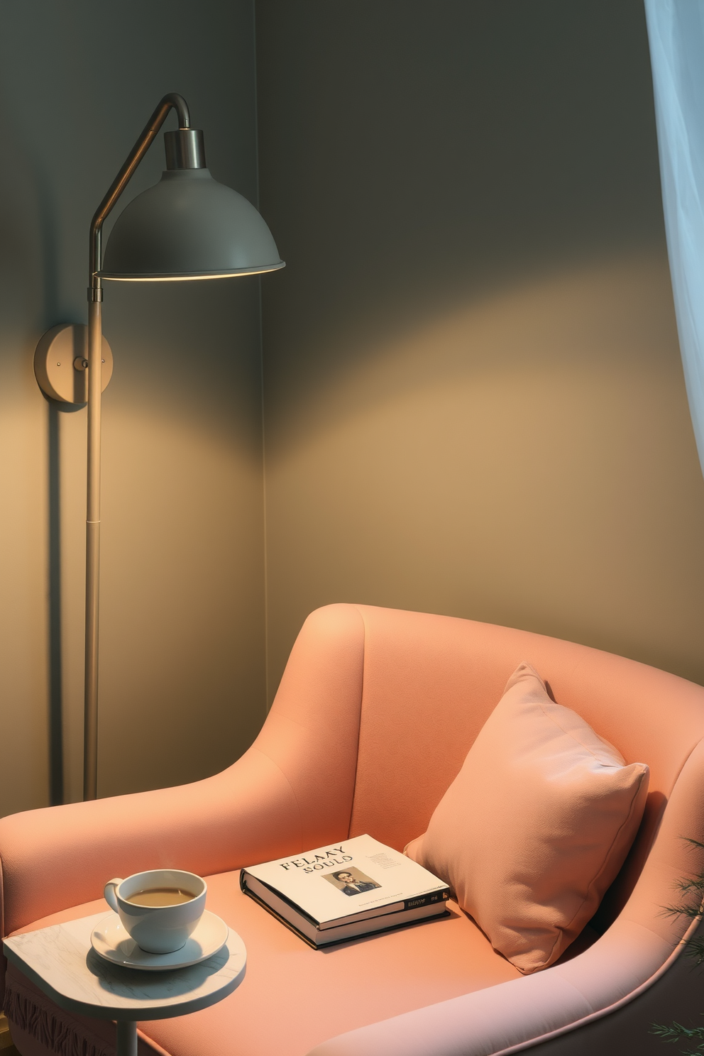 A cozy reading nook bathed in soft lighting created by a stylish lamp. The space features a plush armchair in a pastel hue, accompanied by a small side table stacked with books and a steaming cup of tea.