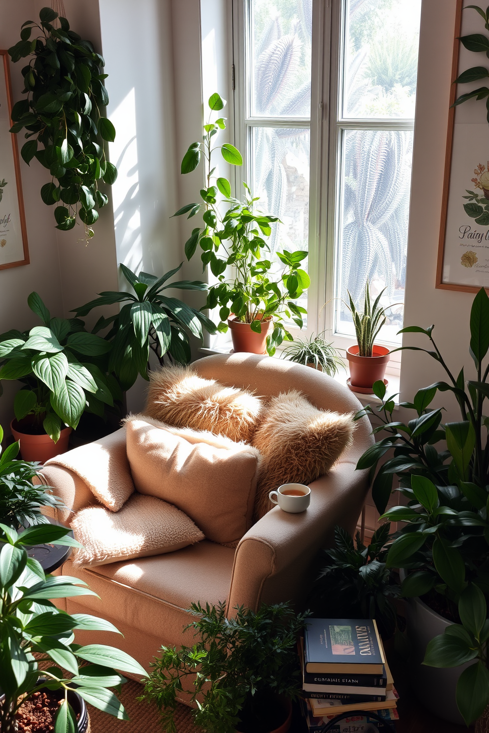 A cozy reading nook bathed in natural light. Plush cushions are scattered on a soft armchair, surrounded by a variety of indoor plants that bring a fresh vibe to the space. A small side table holds a stack of books and a steaming cup of tea. The walls are adorned with botanical prints, creating a harmonious and inviting atmosphere.