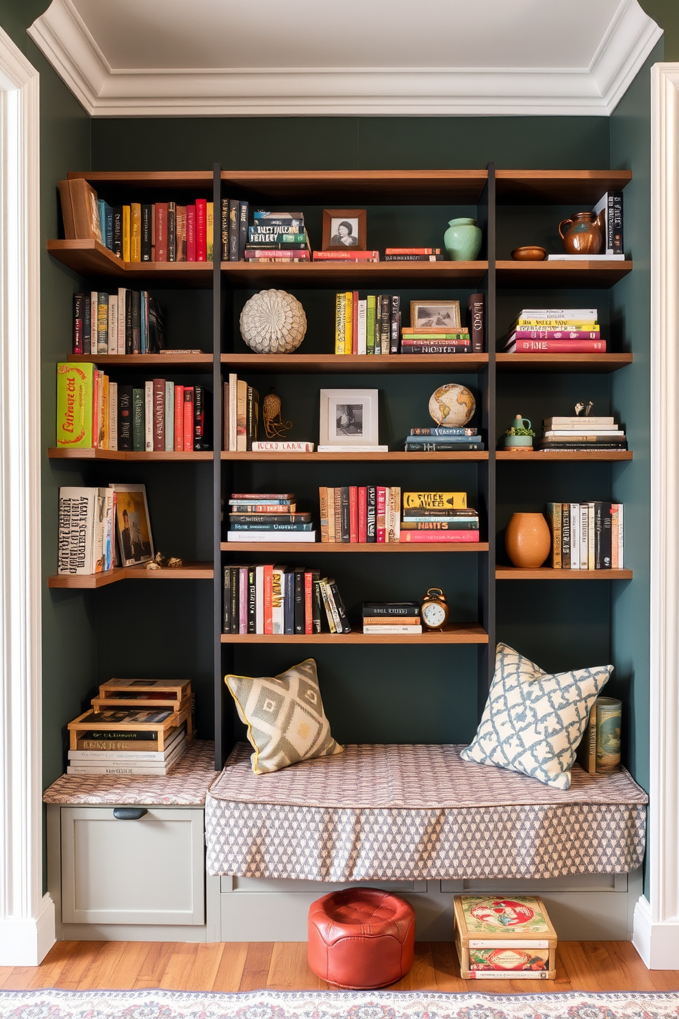 A cozy reading nook featuring wall-mounted shelves that maximize space. The shelves are filled with an array of colorful books and decorative items, creating an inviting atmosphere.