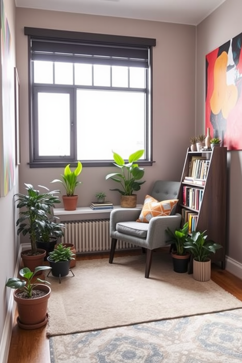 Bright artwork to inspire creativity. The walls are adorned with vibrant abstract paintings in bold colors, creating an energetic atmosphere. Spring Reading Nook Decorating Ideas. A cozy armchair is placed beside a large window, surrounded by potted plants and a small bookshelf filled with colorful novels.