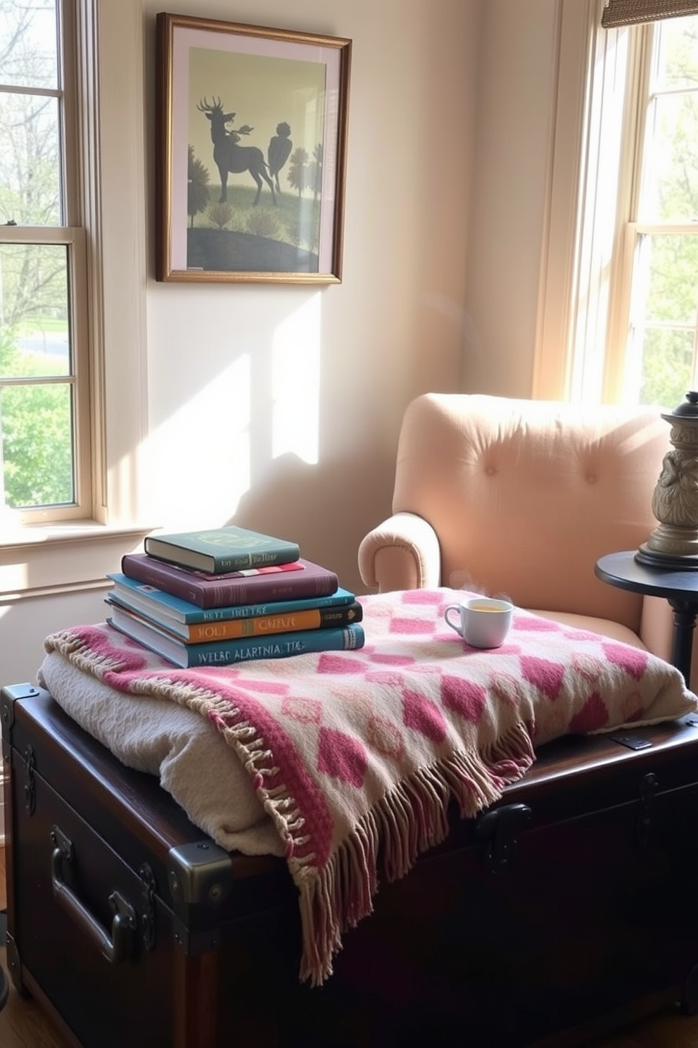 A cozy window seat adorned with an array of plush pillows invites relaxation and comfort. Sunlight streams through the large window, illuminating a collection of your favorite books and a soft throw blanket draped nearby. The surrounding walls are painted in a soft pastel hue, creating a serene atmosphere perfect for reading. Potted plants and a small side table with a steaming cup of tea complete the tranquil spring reading nook.