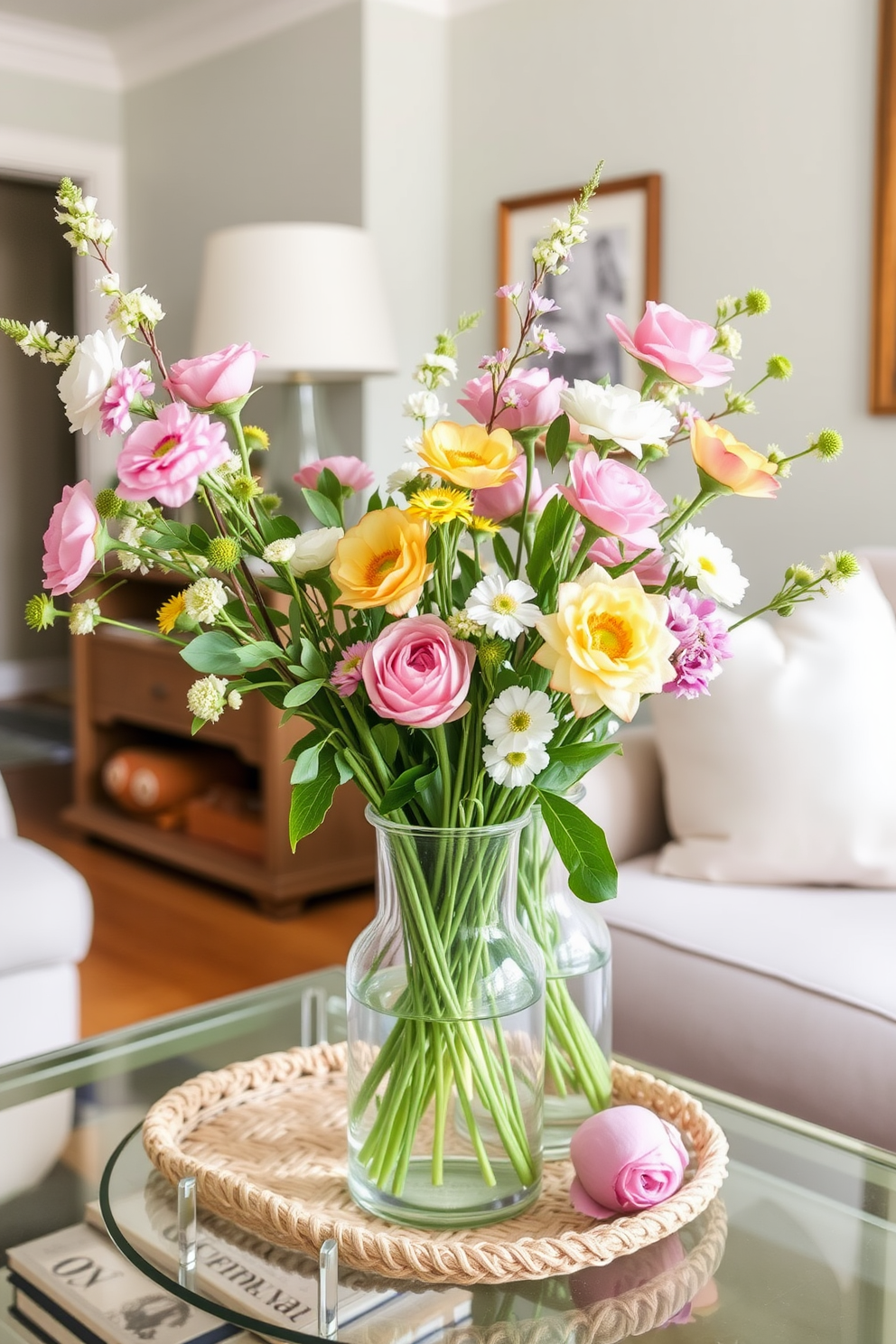 Fresh floral arrangements in vases create a vibrant and inviting atmosphere in a small living room. The use of pastel colors and natural textures enhances the spring theme, bringing a sense of renewal and warmth to the space.