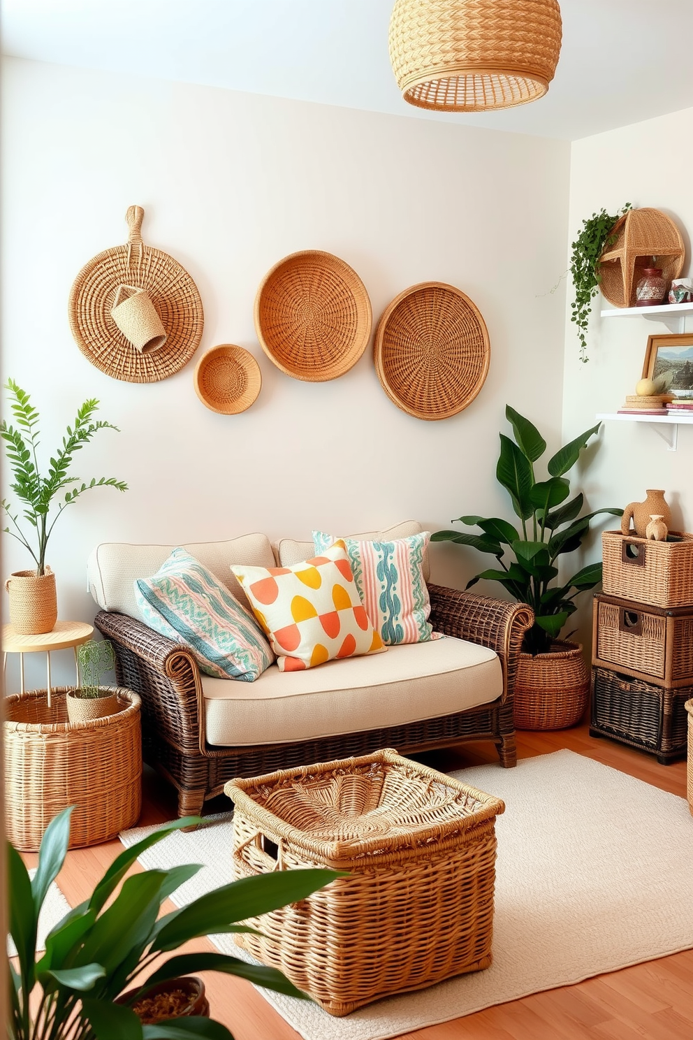 A cozy small living room adorned with woven baskets used for both storage and decor. The baskets are placed strategically around the room, adding texture and a natural element to the space. Soft pastel colors dominate the walls, creating a fresh and inviting atmosphere. A comfortable sofa is complemented by colorful throw pillows and a light, airy area rug.