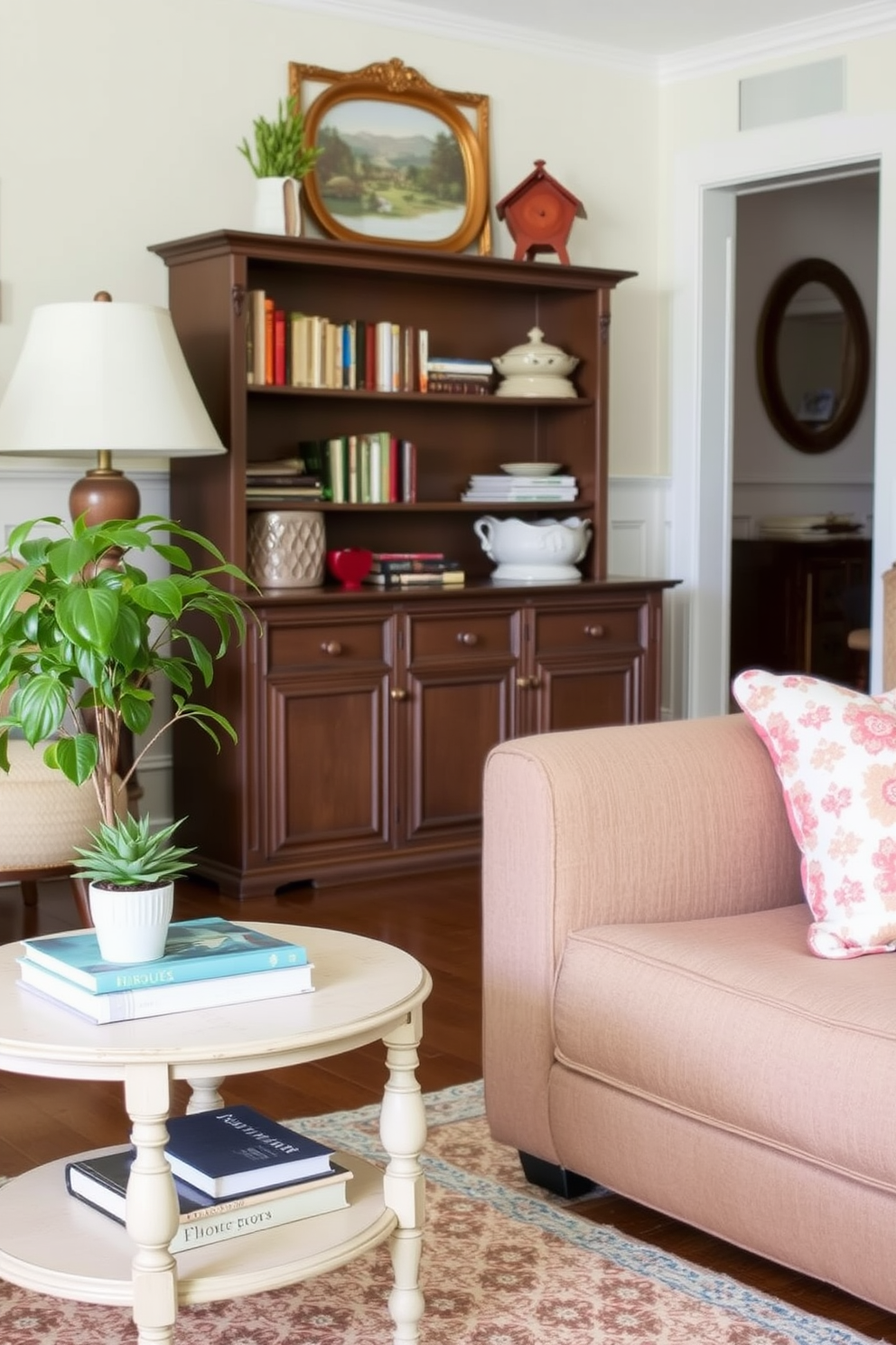 A cozy spring living room features vintage-inspired side tables that add charm and character to the space. The tables are adorned with decorative books and small potted plants, creating a welcoming atmosphere.