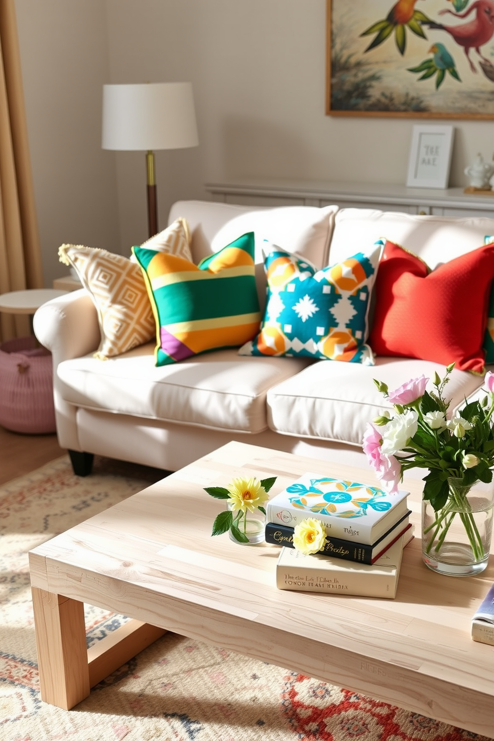 A cheerful table runner adorns the side table, bringing a pop of color to the space. The small living room features light, airy decor with fresh flowers in a vase and soft pastel cushions on the sofa.