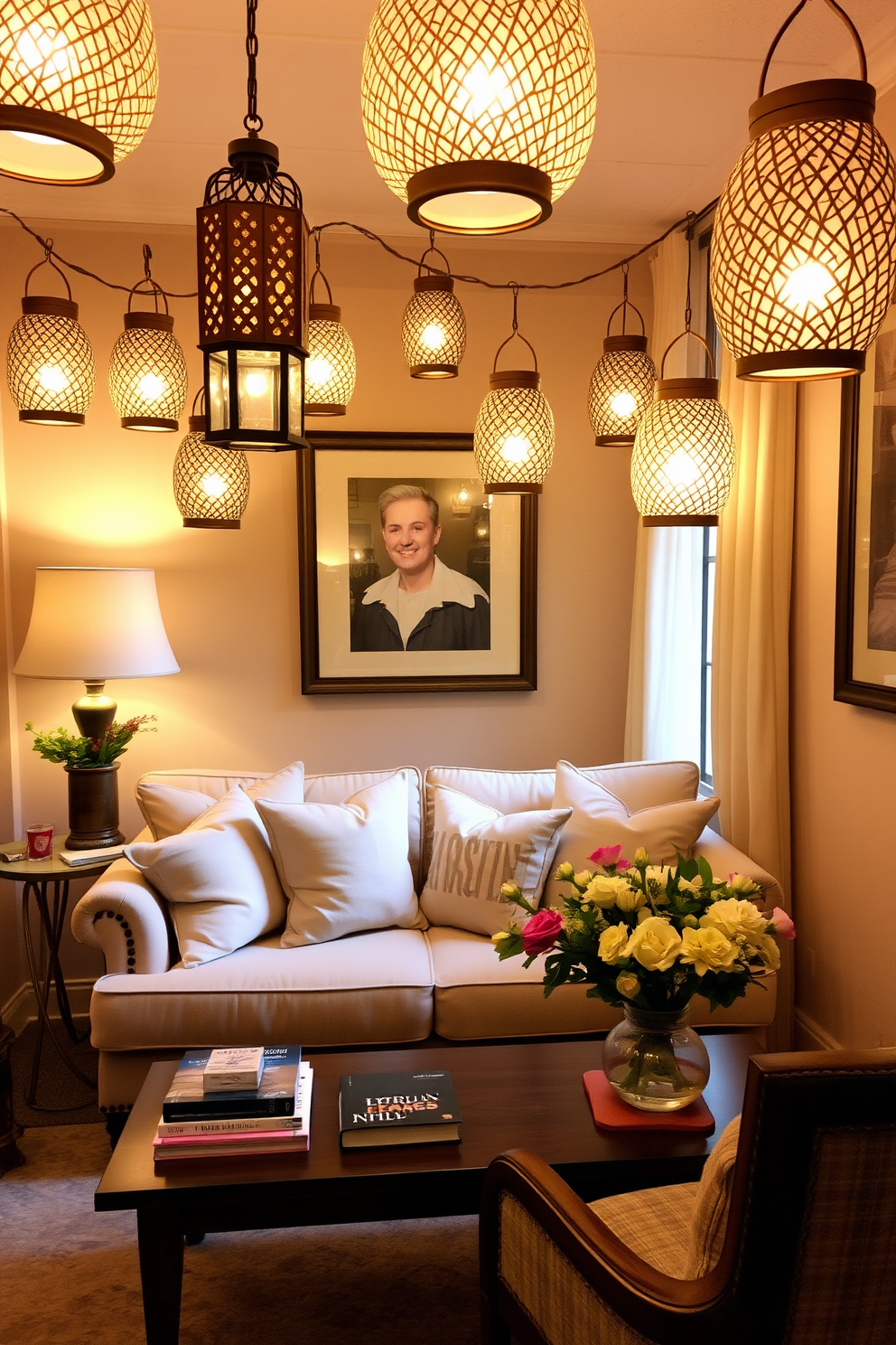 A small living room adorned with decorative lanterns that cast a warm and inviting glow throughout the space. The room features a comfortable sofa with pastel-colored cushions, complemented by a coffee table adorned with fresh flowers and books.