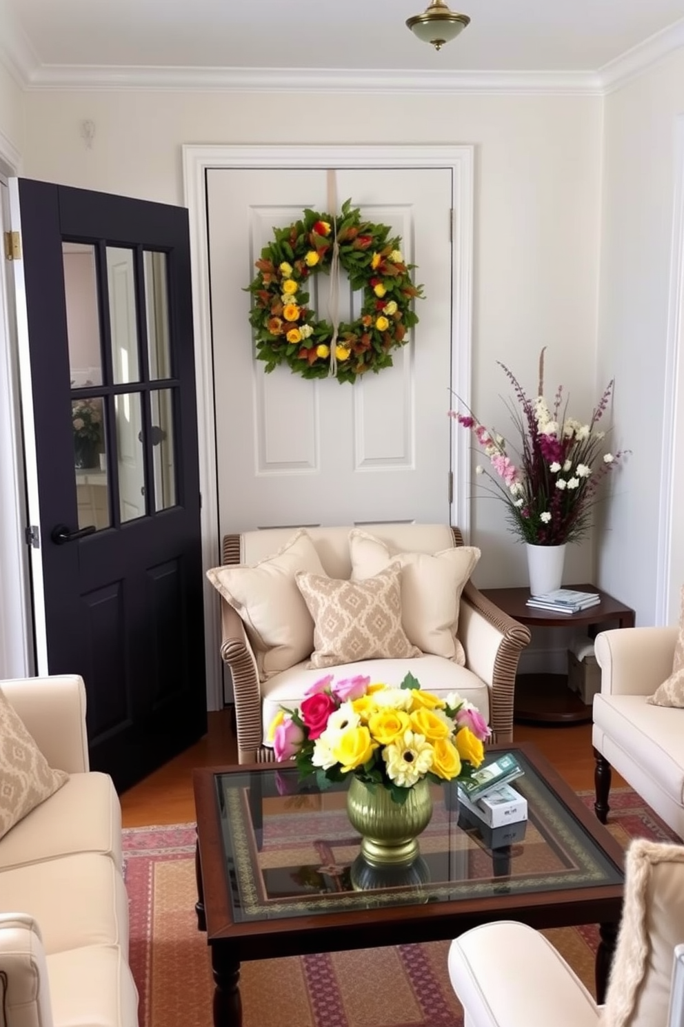 A charming small living room adorned with a seasonal wreath on the front door welcomes guests with a burst of spring colors. Inside, the room features light pastel furniture, soft throw pillows, and fresh flowers arranged on a coffee table, creating a cozy and inviting atmosphere.