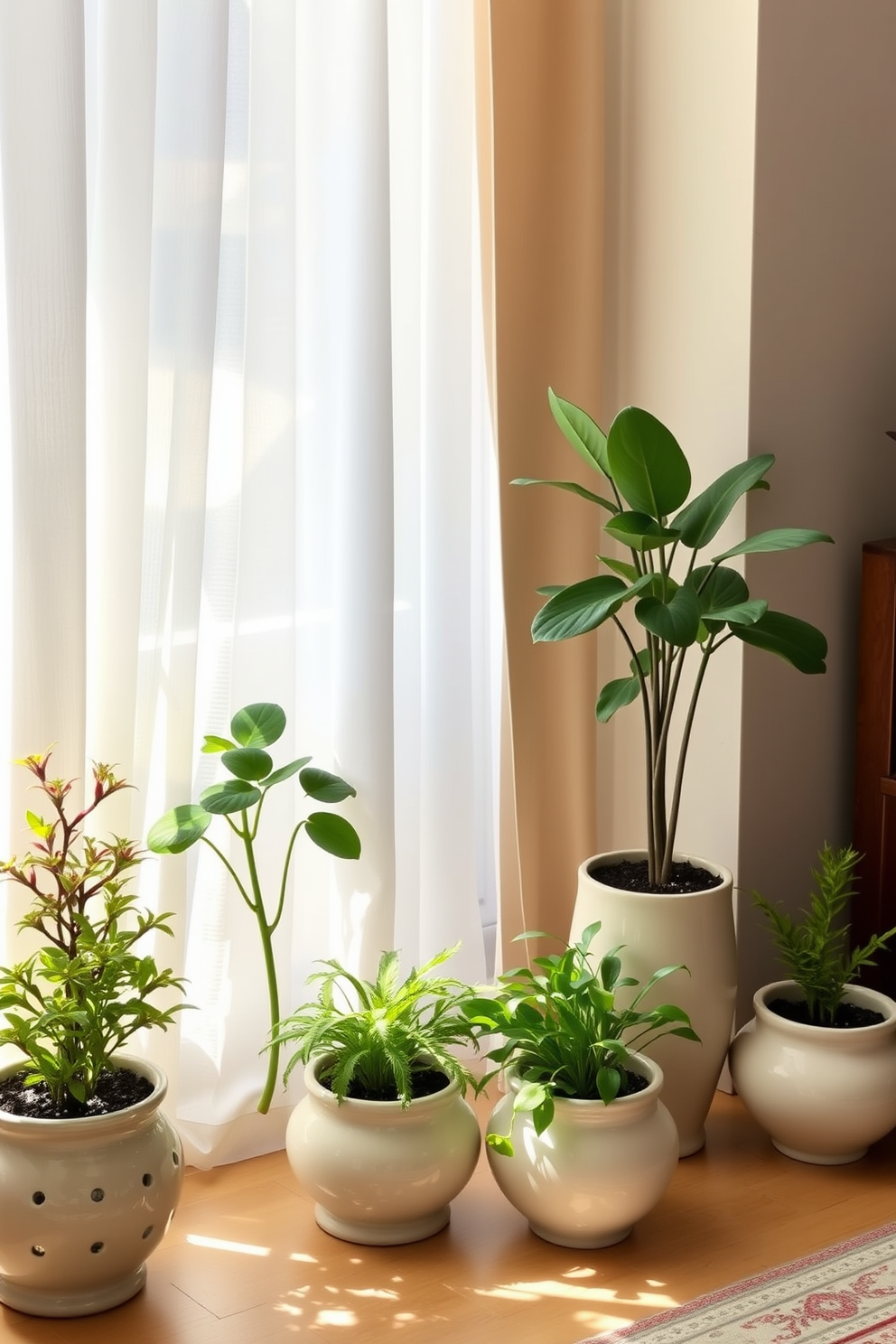 Charming ceramic planters filled with lush greenery are strategically placed around a cozy small living room. Soft natural light filters through sheer curtains, highlighting the vibrant colors of the plants and creating an inviting atmosphere.