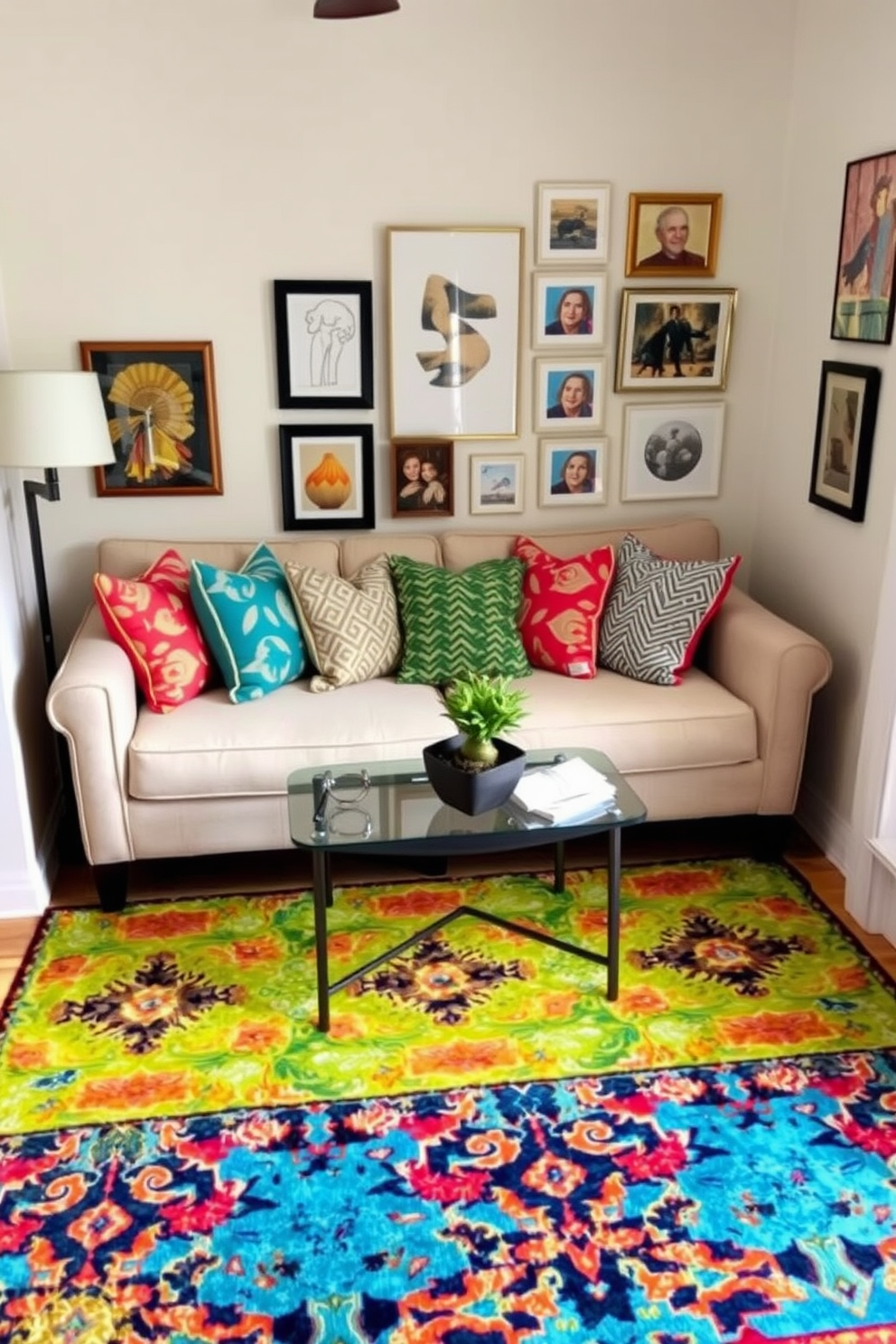 A neutral sofa is the centerpiece of a cozy small living room, adorned with colorful accent pillows in various patterns. A vibrant area rug anchors the space, while a gallery wall of framed art adds personality and charm to the room.