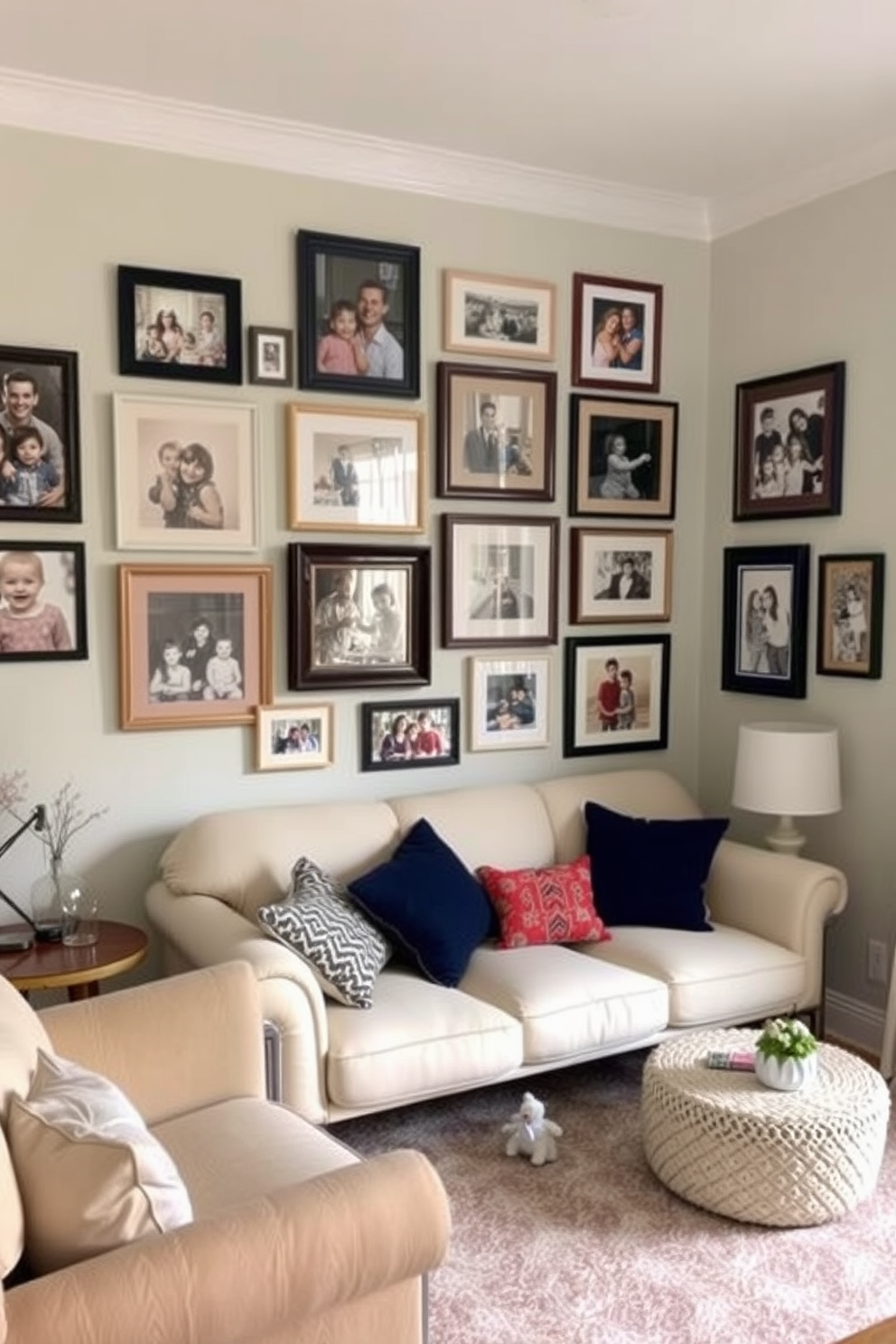 A charming small living room featuring a gallery wall filled with family photos in various frames. The decor includes soft pastel colors and cozy furniture, creating a warm and inviting atmosphere.