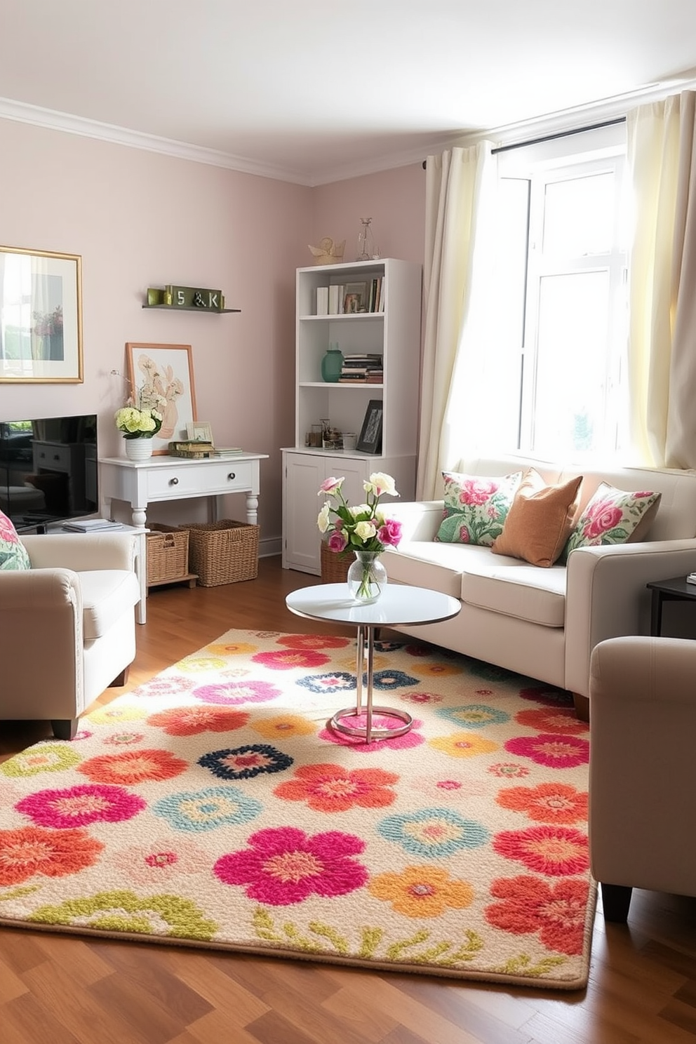 Bright area rug to anchor space. A vibrant, multicolored area rug sits in the center of a cozy small living room, complementing the soft pastel furniture. Spring-themed decor is scattered throughout the room. Fresh flowers in a vase add a pop of color, while light curtains flutter gently in the breeze.