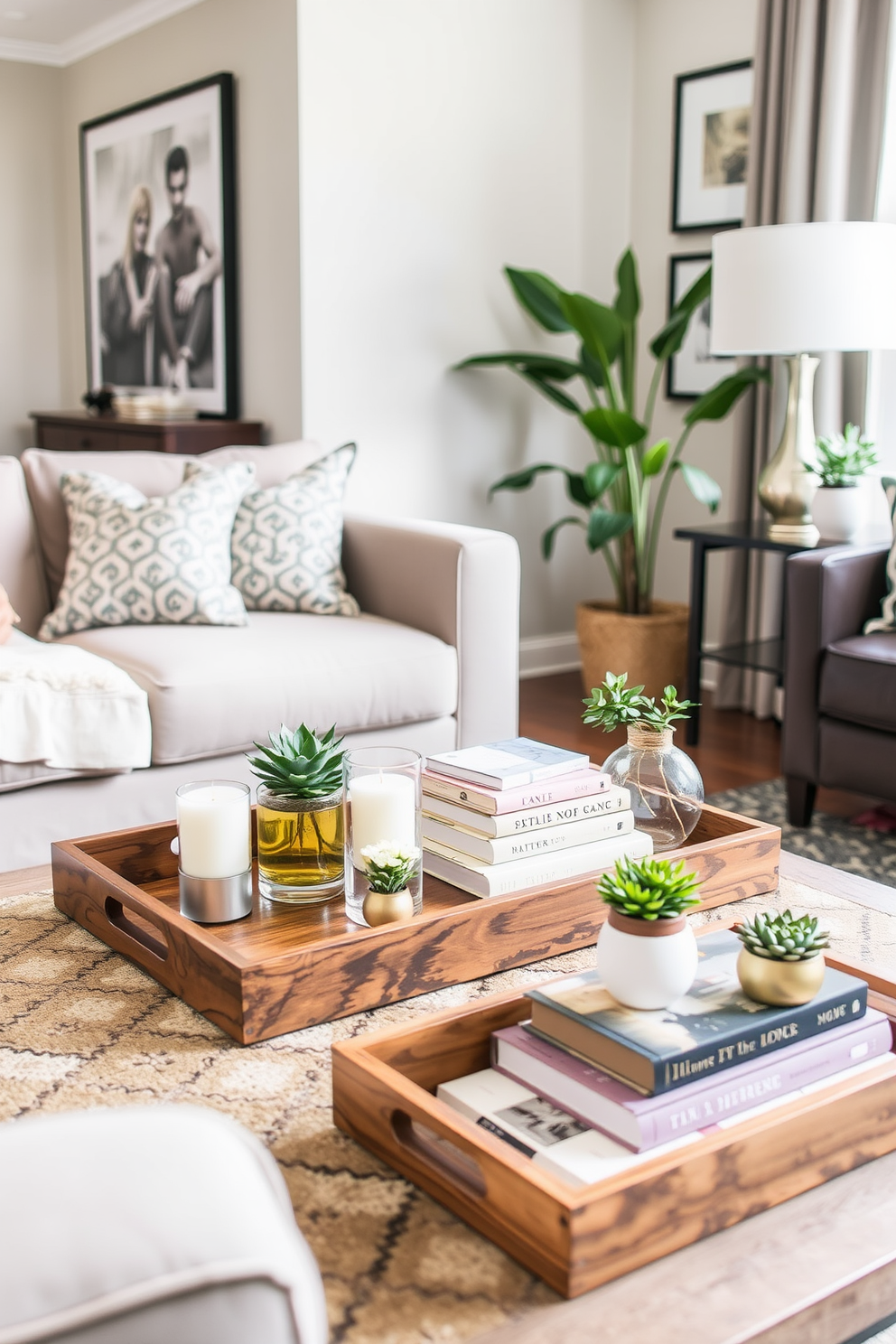 A stylish small living room features a collection of decorative trays arranged on a coffee table. Each tray showcases curated items such as candles, books, and small plants, adding a touch of spring freshness to the space.