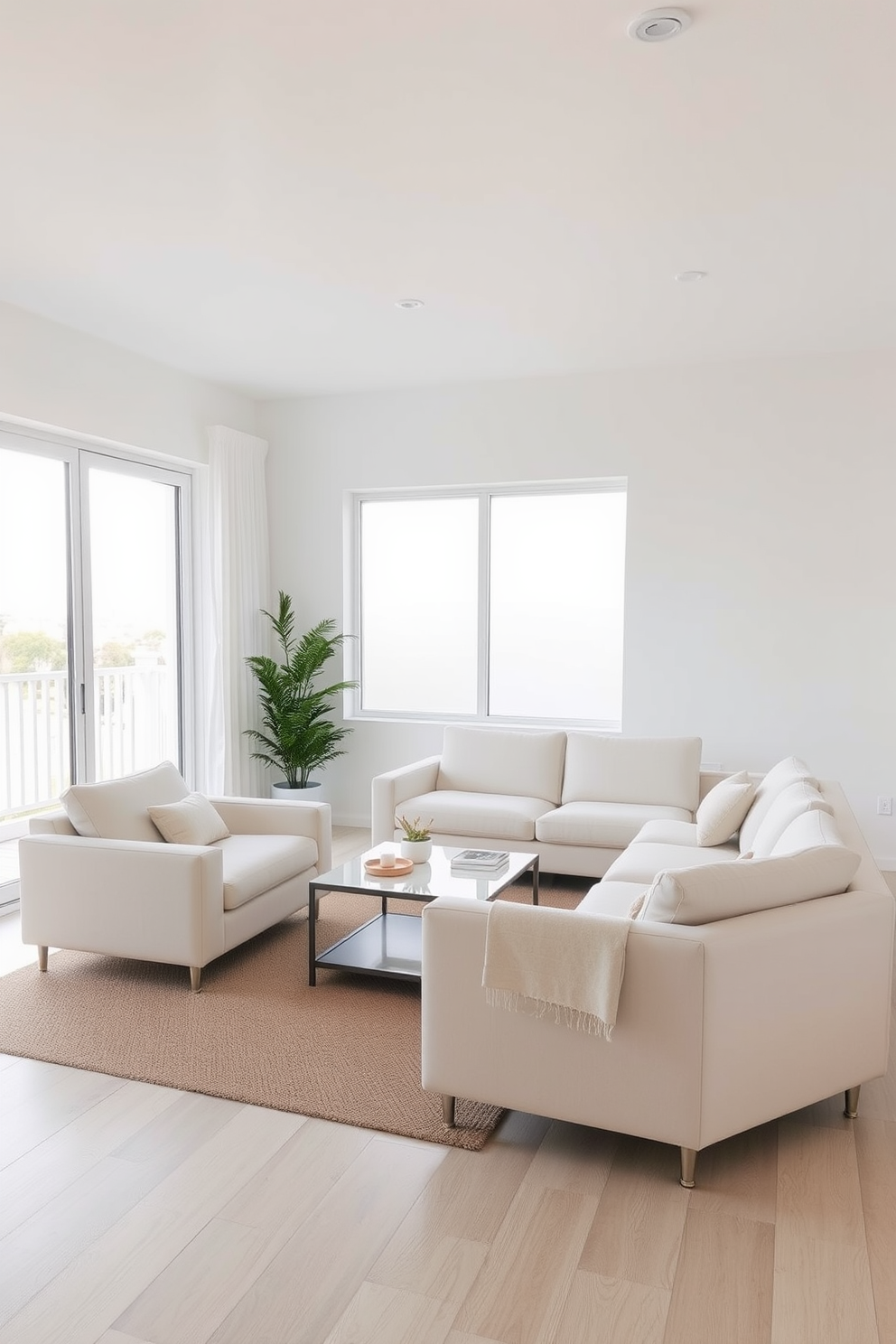 A minimalist living room designed for a clean and airy look. The space features a light-colored sofa with simple lines, paired with a sleek coffee table and a few carefully chosen decorative items. Natural light floods the room through large windows, highlighting the pale wood flooring. A single potted plant adds a touch of greenery, while the walls are painted in a soft white to enhance the sense of openness.