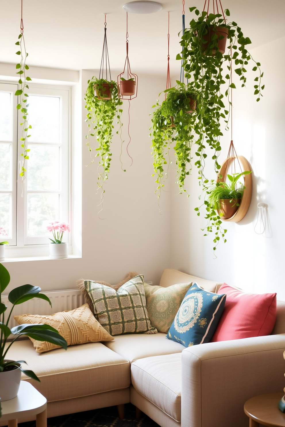 A cozy small living room filled with natural light. The walls are painted in a soft pastel color, creating a fresh and inviting atmosphere. Hanging plants cascade from the ceiling, adding vertical interest and a touch of greenery. A comfortable sofa is adorned with colorful cushions, complementing the overall spring theme.