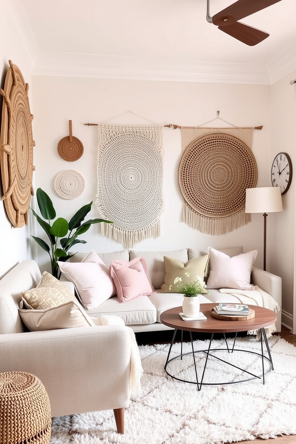 A cozy small living room adorned with textured wall hangings that add depth and dimension to the space. The decor features a light color palette with soft pastel accents, complemented by a plush area rug and comfortable seating arrangements.