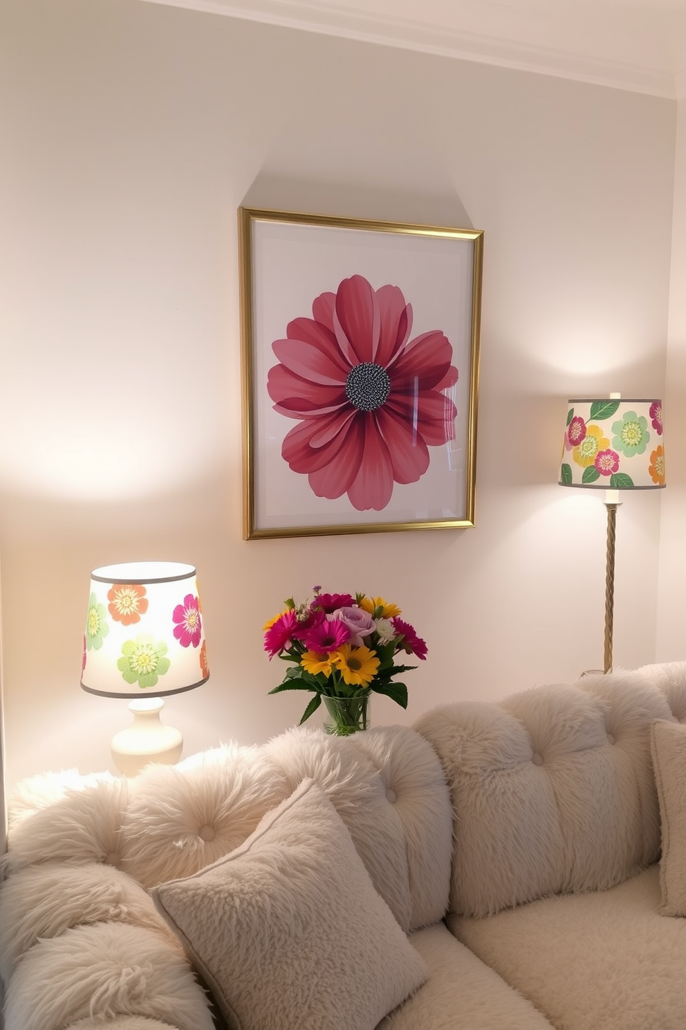 Bright table lamps with colorful shades illuminate a cozy small living room. The lamps are placed on either side of a plush sofa, enhancing the cheerful spring decor with fresh floral accents.