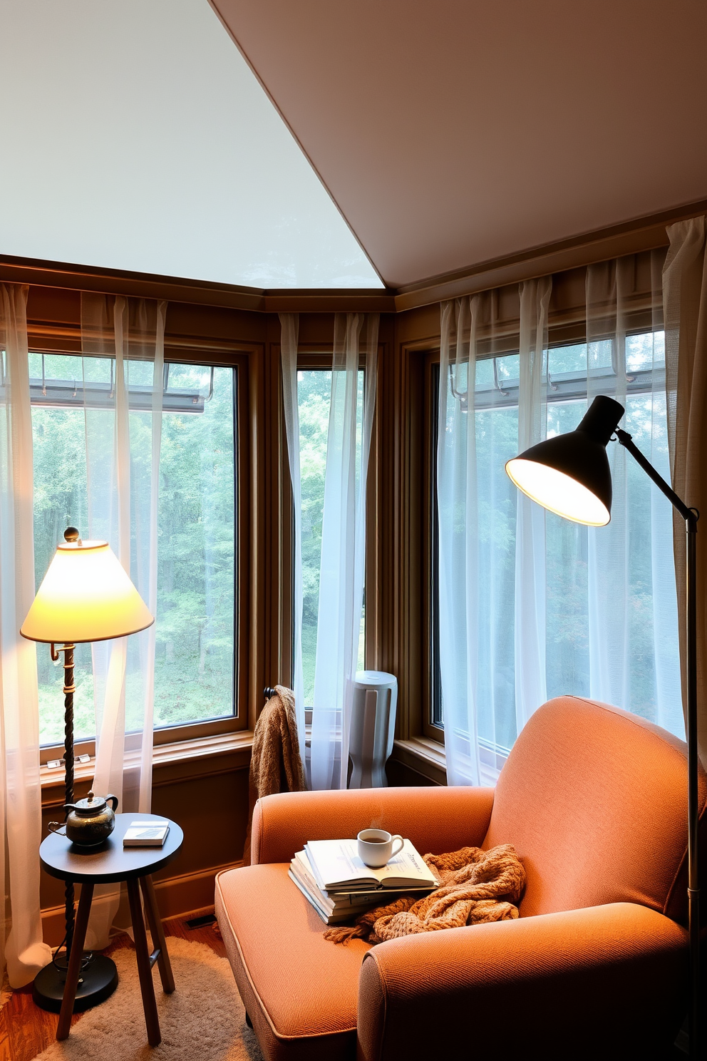 Cozy reading nook with a plush armchair upholstered in soft fabric. A small side table holds a steaming cup of tea and a stack of books, while a warm throw blanket drapes over the armchair. The nook is illuminated by a floor lamp with a gentle glow, creating an inviting atmosphere. Large windows allow natural light to flood in, framed by sheer curtains that flutter slightly in the breeze.