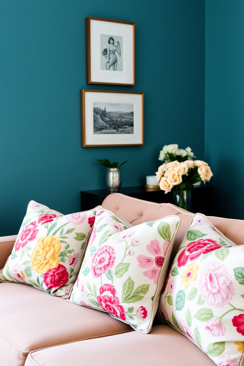 Seasonal decorative pillows adorn a plush sofa in a cozy small living room. The pillows feature vibrant floral patterns and soft pastel colors, adding a touch of spring to the space.