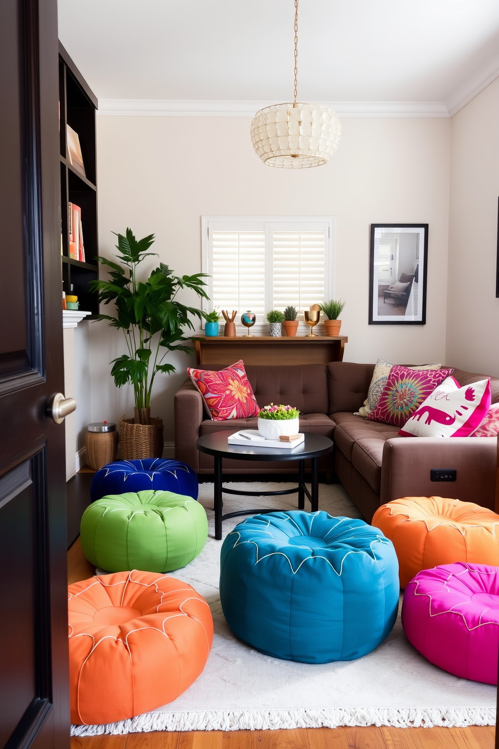 A cozy small living room adorned with colorful poufs that provide extra seating options. The walls are painted in a soft pastel hue, and a light rug anchors the space while vibrant throw pillows add a playful touch.