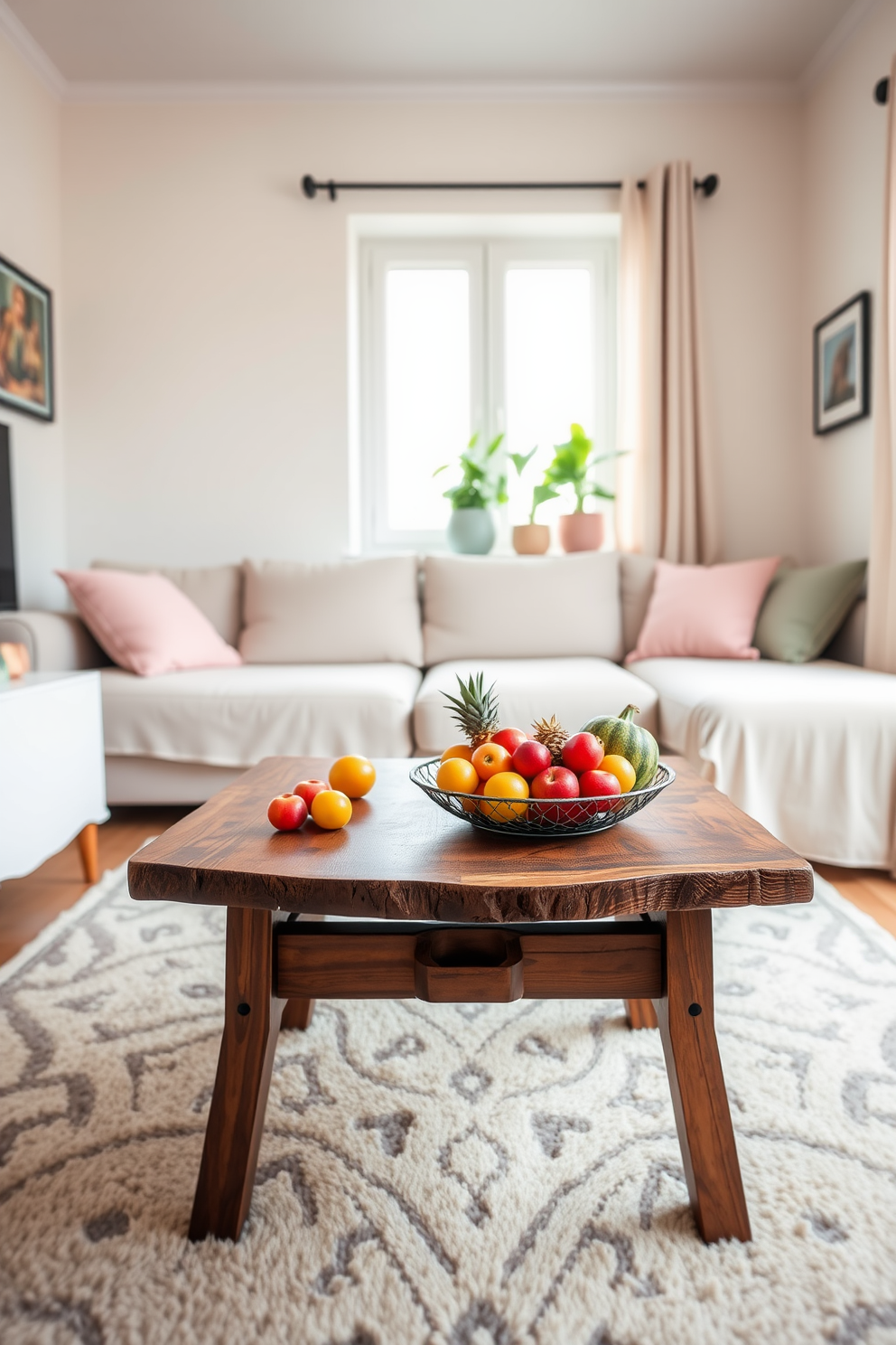 A cozy small living room filled with natural light. The walls are painted in a soft pastel color, and open shelving is adorned with curated decor pieces, including books, plants, and art. A comfortable sofa with colorful throw pillows sits in the center, complemented by a stylish coffee table. A vibrant area rug anchors the space, adding warmth and texture to the room.