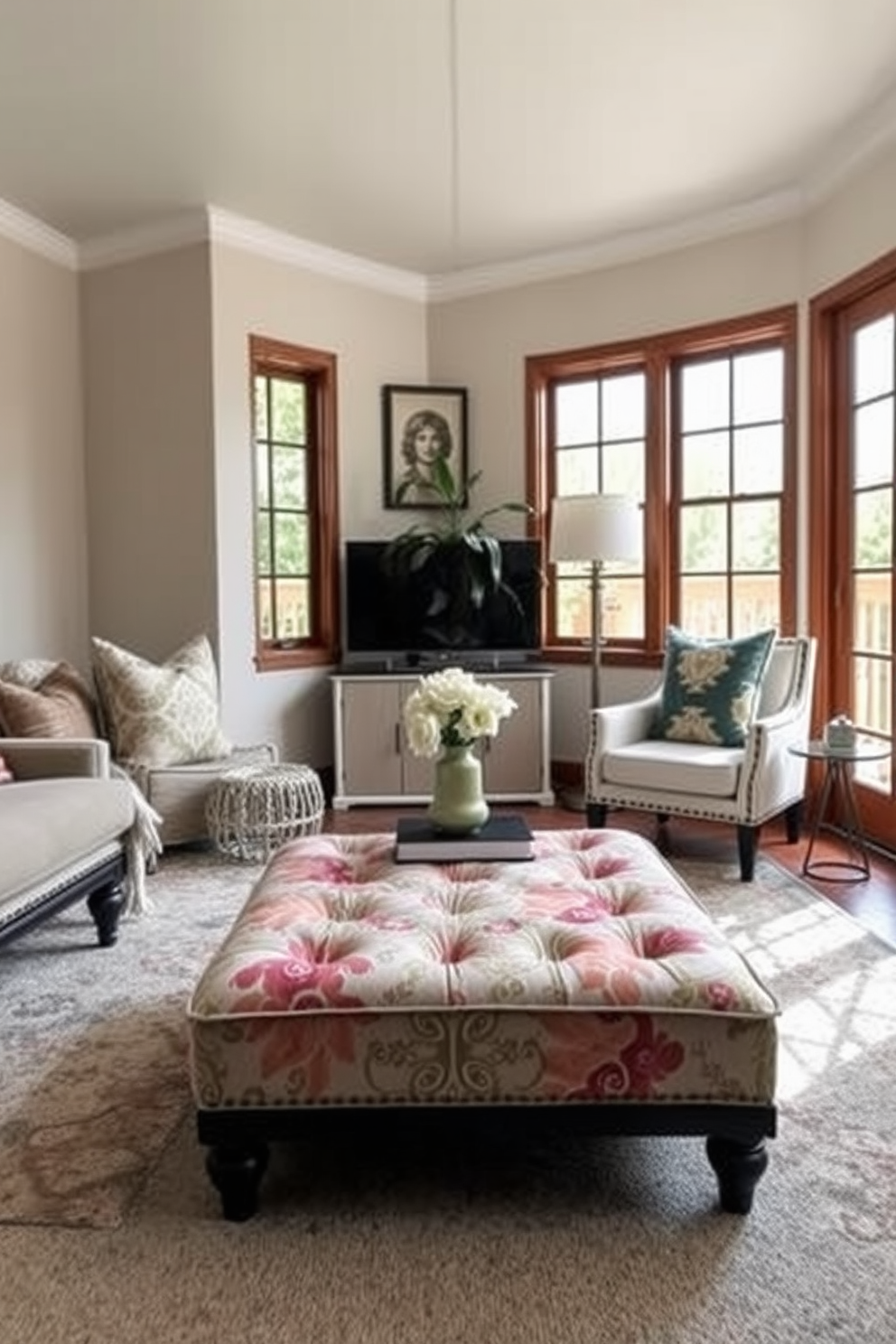 A stylish ottoman sits in the center of a small living room, offering both functionality and aesthetic appeal. Upholstered in a soft fabric with a vibrant pattern, it complements the surrounding decor while providing additional seating and storage options. Surrounded by light-colored walls and a cozy area rug, the ottoman enhances the overall warmth of the space. Natural light streams through large windows, highlighting the inviting atmosphere of this well-decorated room.