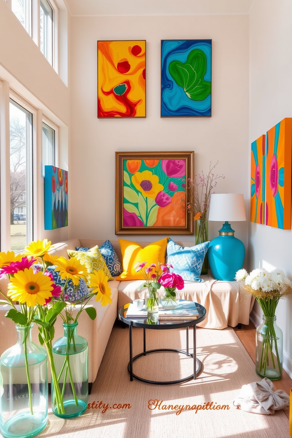 Brightly colored artwork adorns the walls of a small living room, creating a vibrant and lively atmosphere. The space is furnished with a cozy sofa, accented by colorful throw pillows that complement the artwork. Spring decor elements are incorporated throughout the room, featuring fresh flowers in vases and light, airy fabrics. Natural light floods in through large windows, enhancing the cheerful ambiance of the space.