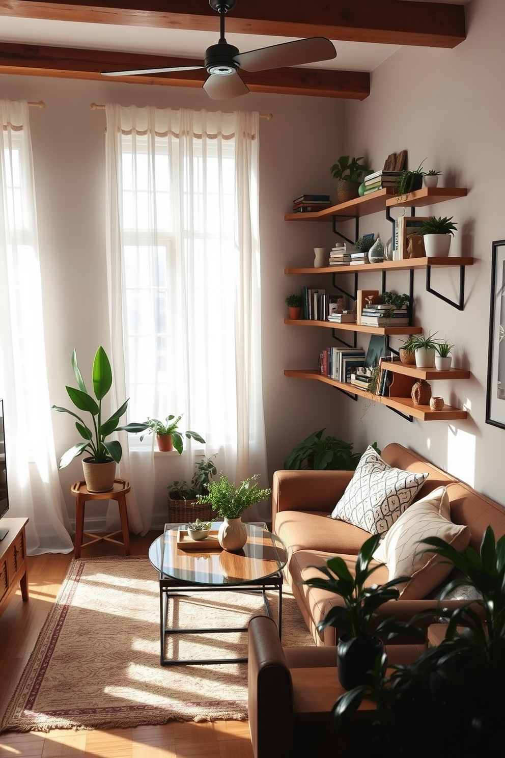 A cozy small living room featuring a vibrant patterned area rug that adds a pop of color to the space. The room is adorned with comfortable seating, a stylish coffee table, and plenty of greenery to create a fresh and inviting atmosphere.