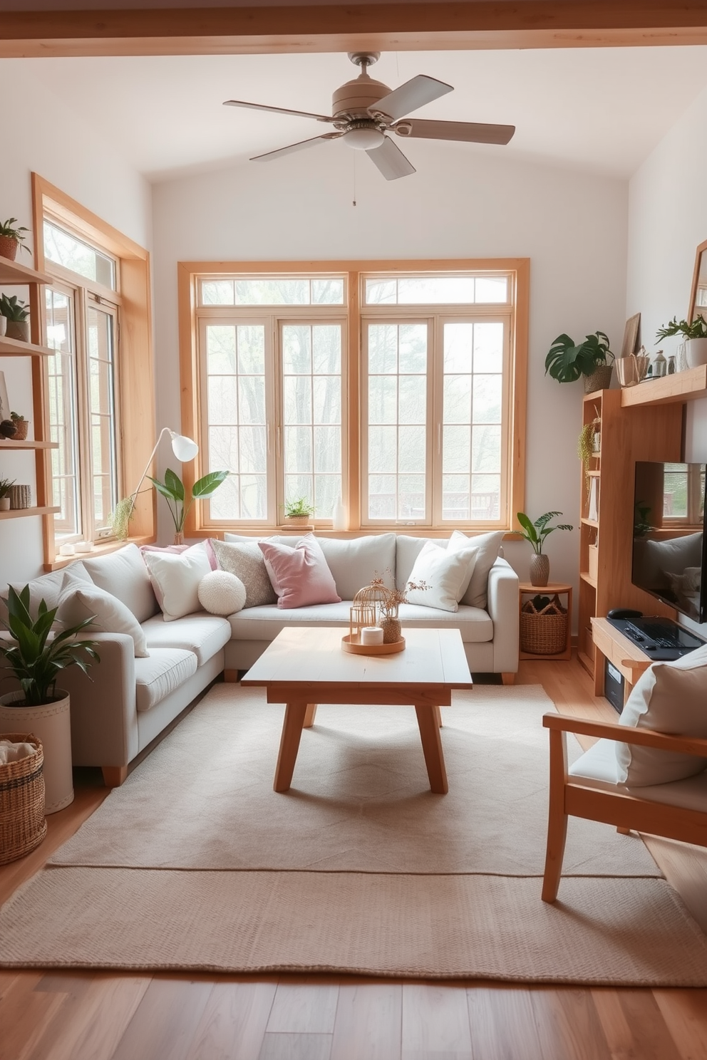 A cozy small living room filled with natural wood accents that create a warm and inviting atmosphere. The space features a light wood coffee table surrounded by a plush sofa adorned with pastel-colored cushions. Large windows allow natural light to flood the room, highlighting the wooden shelves filled with plants and decorative items. A soft area rug in a light hue ties the space together, adding a touch of comfort and style.