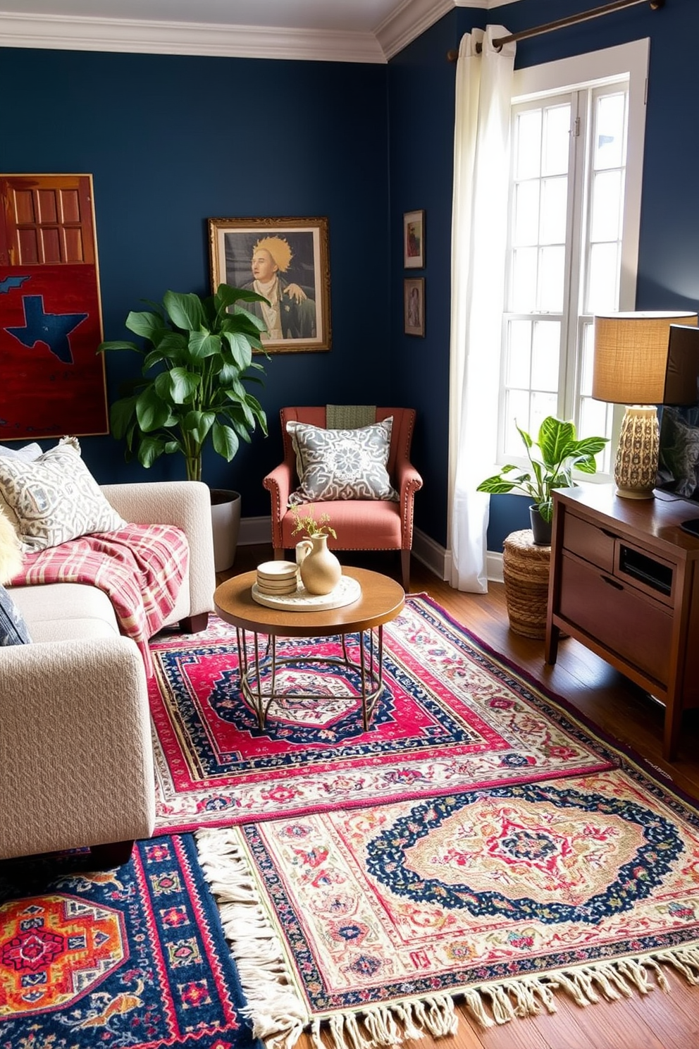 A serene small living room filled with soft blue tones to create a calming atmosphere. The space features a light blue sofa adorned with plush white cushions, complemented by a delicate area rug that ties the room together. A stylish coffee table sits in the center, surrounded by two elegant armchairs in a deeper shade of blue. Fresh greenery in a decorative pot adds a touch of life, while sheer curtains gently filter natural light, enhancing the tranquil vibe.