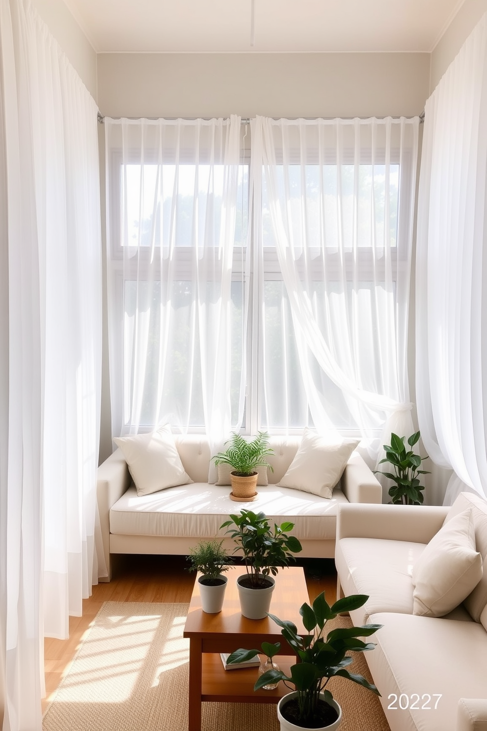 A small living room filled with natural light. Airy sheer curtains drape elegantly from the ceiling, allowing soft sunlight to filter through and create a warm ambiance. The space features a cozy seating arrangement with a light-colored sofa adorned with pastel cushions. A small coffee table sits in the center, surrounded by potted plants that add a touch of greenery and freshness to the decor.