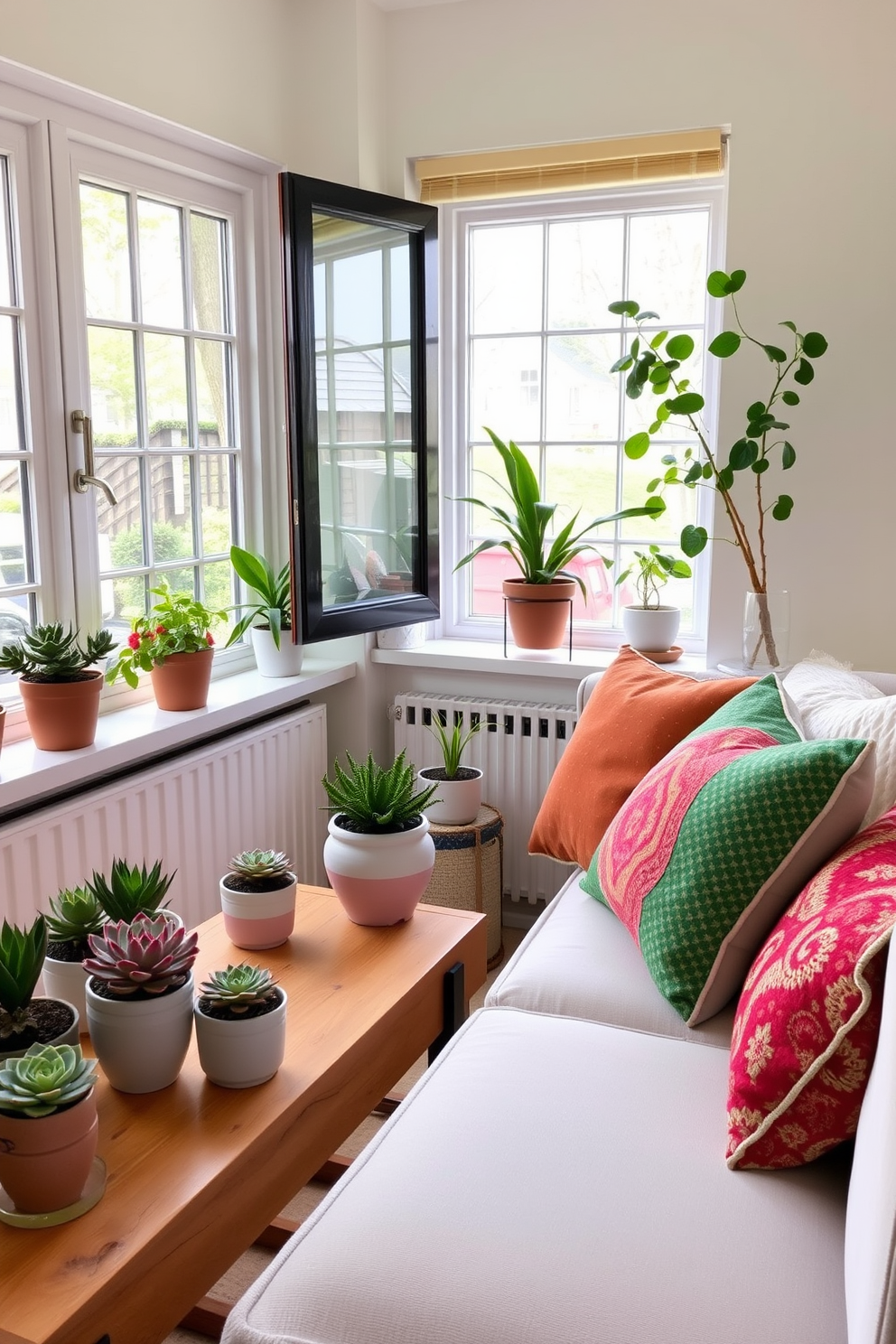 A cozy small living room filled with natural light. There are several decorative pots with vibrant succulents placed on a wooden coffee table and windowsill. The walls are painted in a soft pastel color to enhance the spring vibe. A light, airy fabric sofa is adorned with colorful throw pillows that complement the greenery.