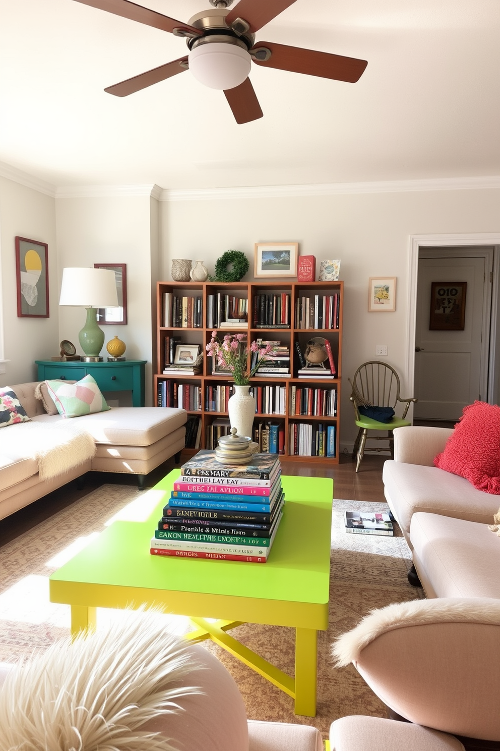 A small living room filled with natural light. The focal point is a brightly colored coffee table stacked with vibrant coffee table books, adding a playful touch to the space. The walls are painted in soft pastel hues to create an inviting atmosphere. Cozy seating arrangements with plush cushions complement the cheerful decor, making it a perfect spot for relaxation.