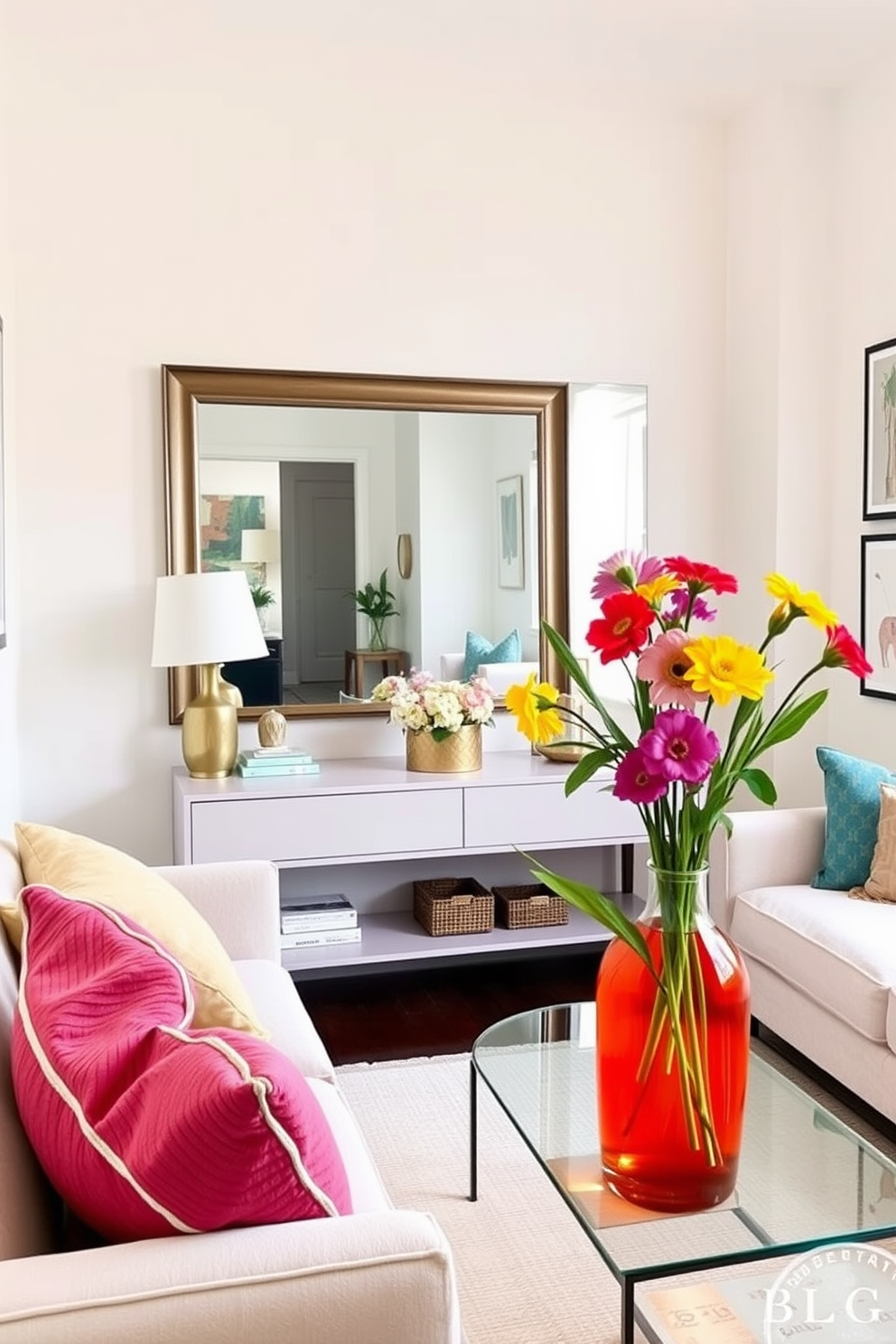 A large statement mirror is positioned above a sleek console table, reflecting natural light and creating a sense of depth in the space. The walls are painted in a soft pastel hue, complemented by a cozy seating arrangement featuring a light-colored sofa adorned with colorful throw pillows. Spring decor elements are introduced through fresh flowers in a vibrant vase, adding a pop of color and a touch of nature. A light area rug anchors the seating area, while playful artwork on the walls enhances the cheerful atmosphere of the small living room.