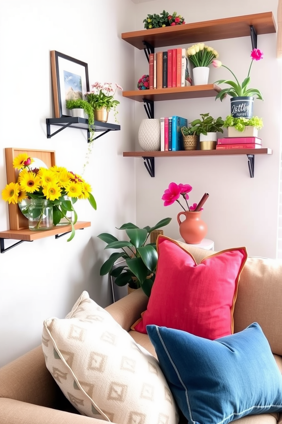 Create a cozy small space living room featuring wall shelves adorned with vibrant spring decor. Incorporate plants, colorful books, and decorative objects to bring life and personality to the space.