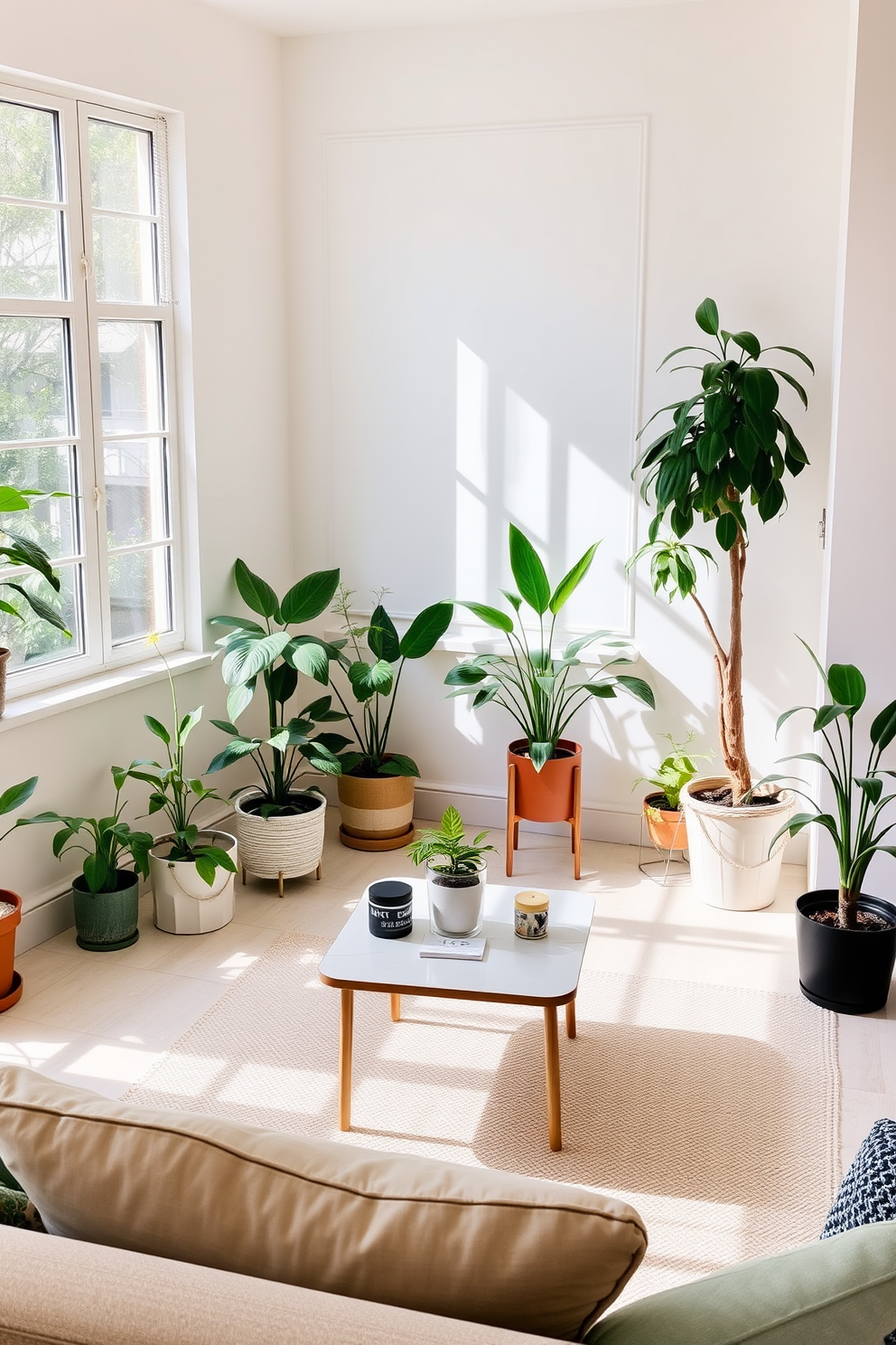 A cozy living area filled with natural light. There are several potted plants of varying heights placed strategically around the room, bringing a vibrant touch of greenery. The walls are painted in a soft pastel color, enhancing the fresh atmosphere of the space. A small, stylish coffee table sits in the center, adorned with a few decorative items and a small plant for added charm.