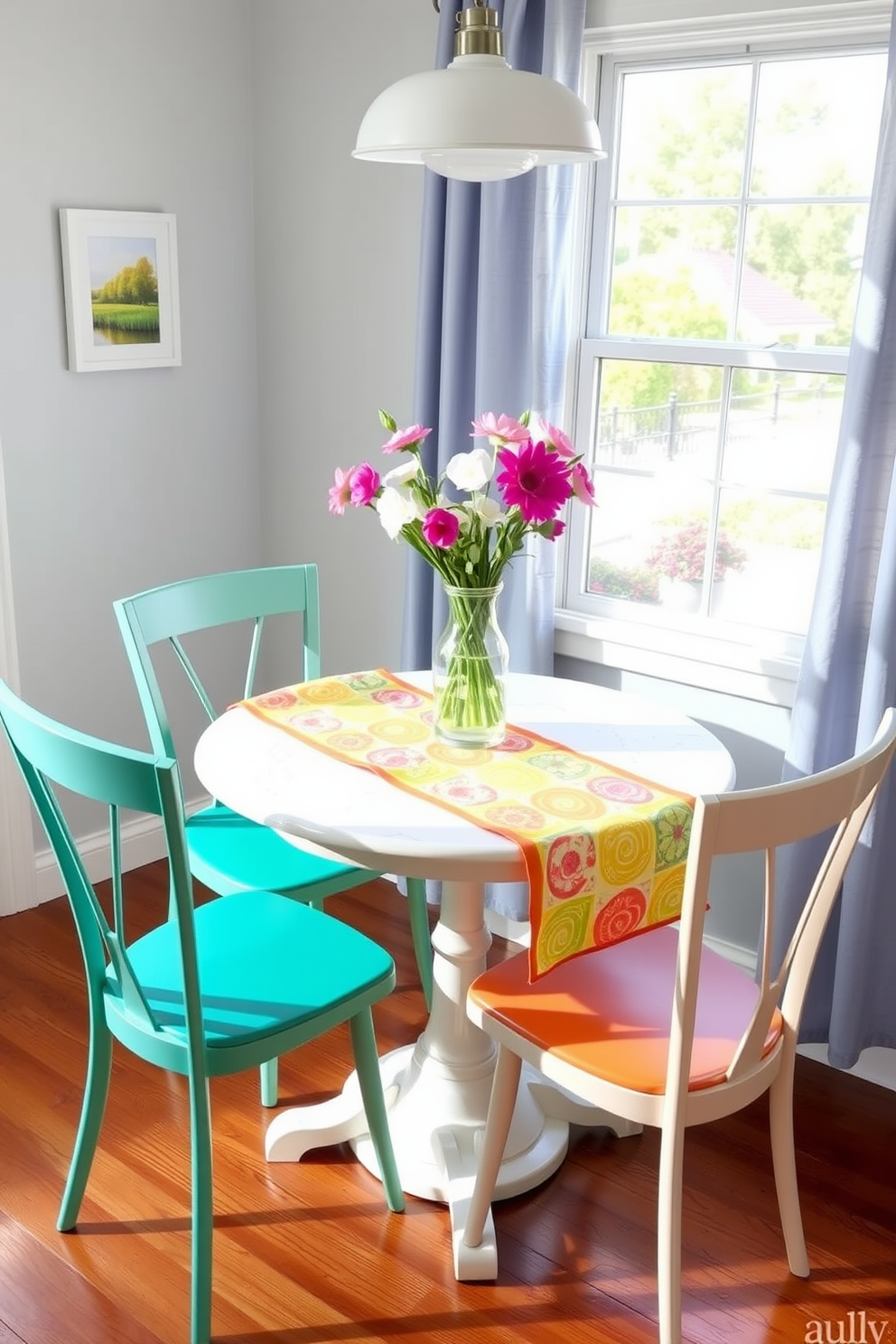 A bright and inviting dining area features a small round table adorned with a cheerful table runner in vibrant spring colors. Surrounding the table are four stylish chairs that complement the decor, and a vase filled with fresh flowers sits in the center, adding a touch of nature to the space.