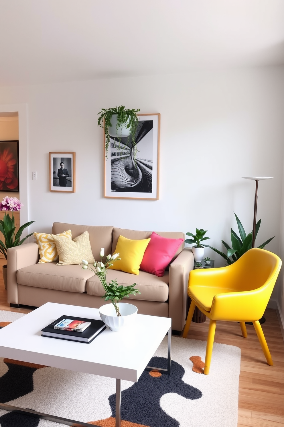 A vibrant living room featuring a cozy sofa adorned with colorful throw pillows. A sleek coffee table sits in front, complemented by a bright accent chair that adds a pop of color to the space. The walls are painted in a soft pastel hue, creating a cheerful atmosphere. Potted plants and decorative items are strategically placed to enhance the spring feel while maximizing the small space.