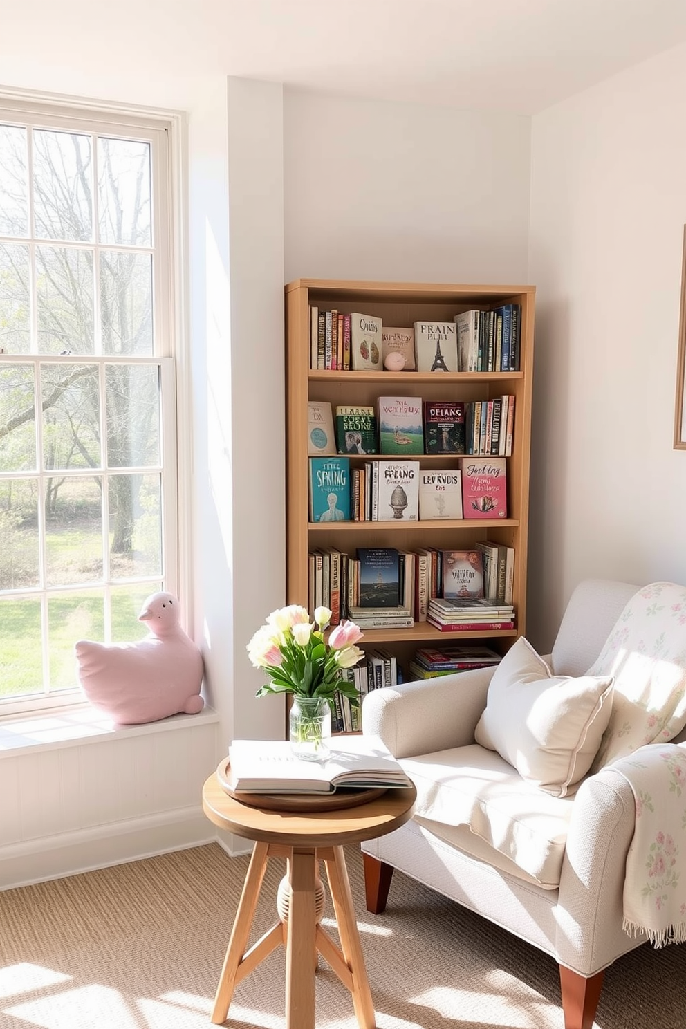 A cozy reading nook with a small bookshelf showcasing an array of books featuring spring-themed covers. The space is enhanced by soft pastel cushions and a light floral throw blanket draped over a comfortable armchair. A small coffee table sits in front of the armchair, adorned with a vase of fresh spring flowers. The walls are painted in a light, airy color, and a large window allows natural light to flood the space, creating a cheerful atmosphere.