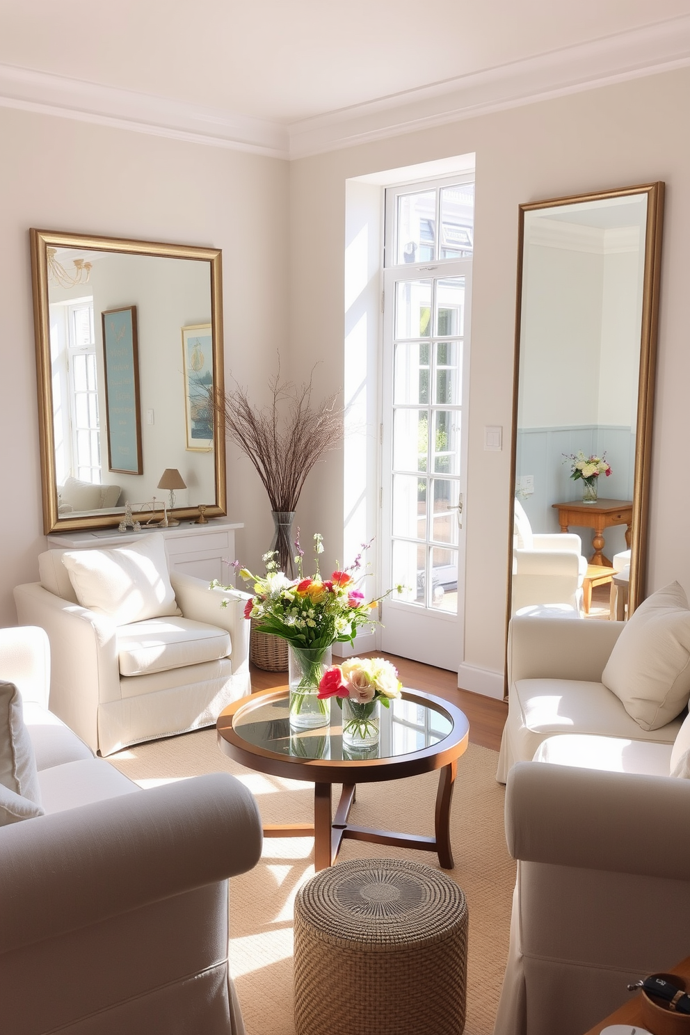 A bright and airy small living room filled with natural light. Large mirrors are strategically placed on the walls to reflect sunlight and create an illusion of more space. The room features a light pastel color palette with soft furnishings that evoke a fresh spring feel. A small coffee table adorned with seasonal flowers sits in the center, surrounded by cozy seating options.