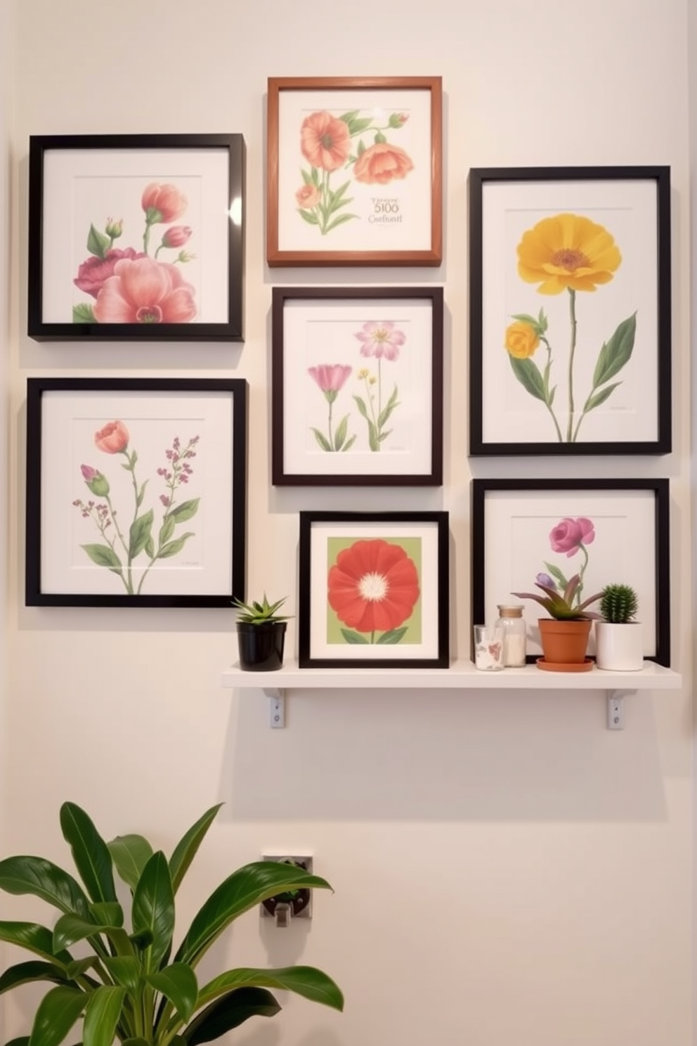 Create a gallery wall featuring vibrant spring-themed art pieces. Include a mix of framed botanical prints and abstract floral designs to bring life to the small space. Incorporate floating shelves to display small potted plants and decorative objects. Use a light color palette for the wall to enhance the brightness and openness of the area.