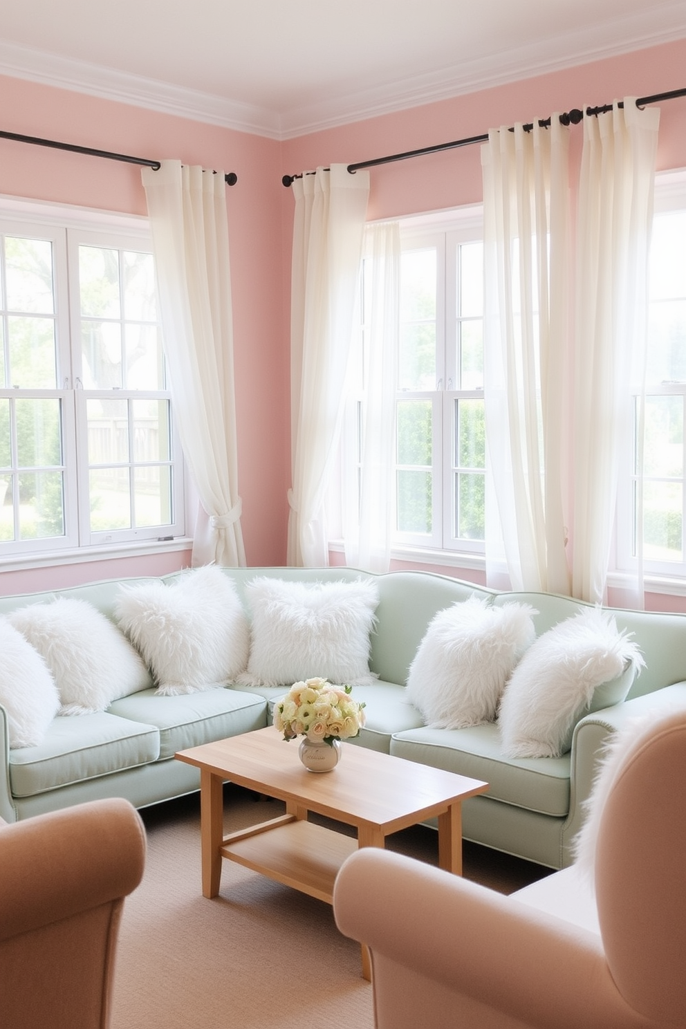 A cozy living room filled with soft pastel colors. The walls are painted in a light blush pink, complemented by a mint green sofa adorned with fluffy white pillows. A small wooden coffee table sits in the center, topped with a delicate floral arrangement. Light sheer curtains drape over the windows, allowing natural light to fill the space and enhance the cheerful ambiance.